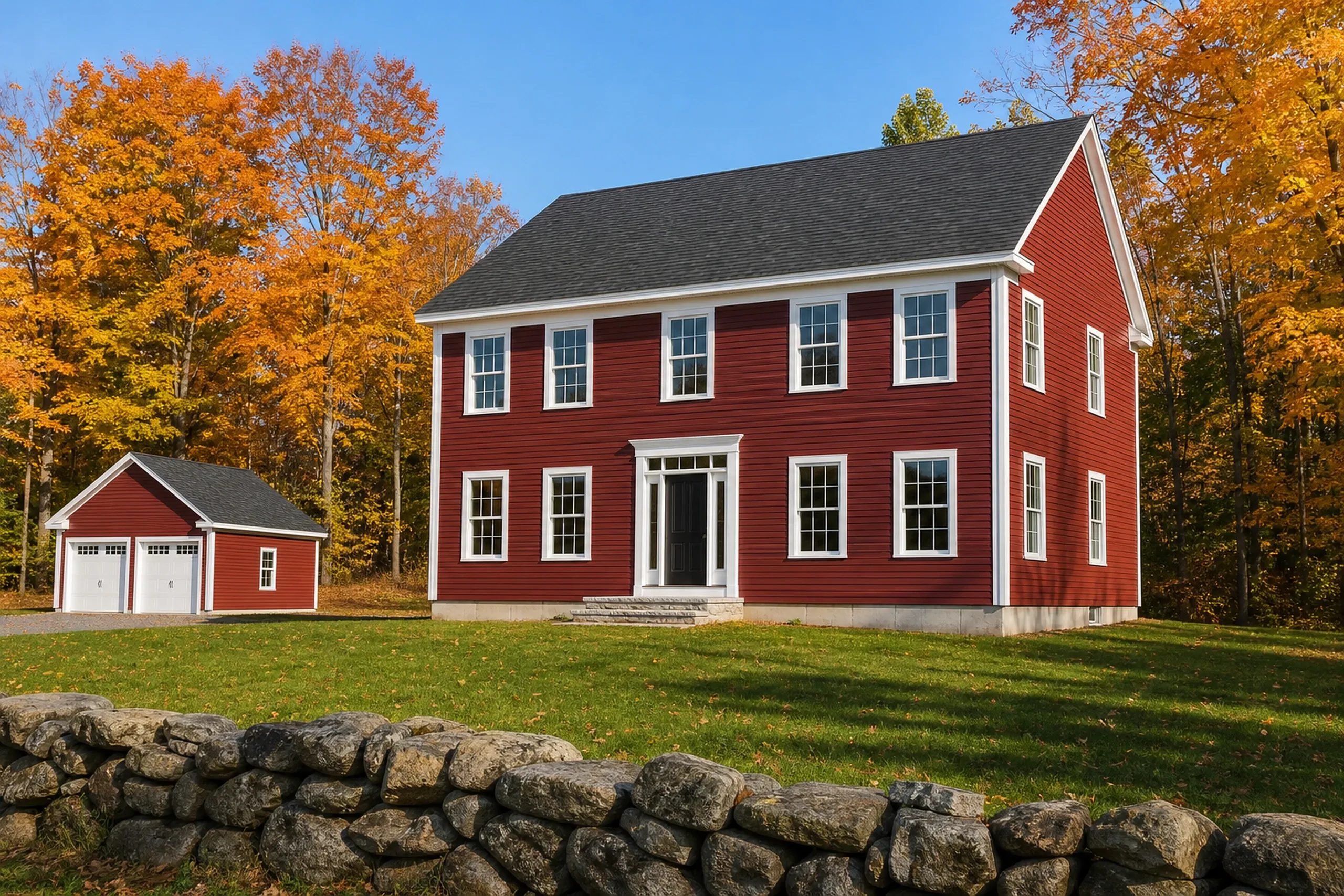 General contractor in Freeport: A red two-story clapboard house with white trim, a gray roof and a small red garage, behind a stone wall and lawn in autumn