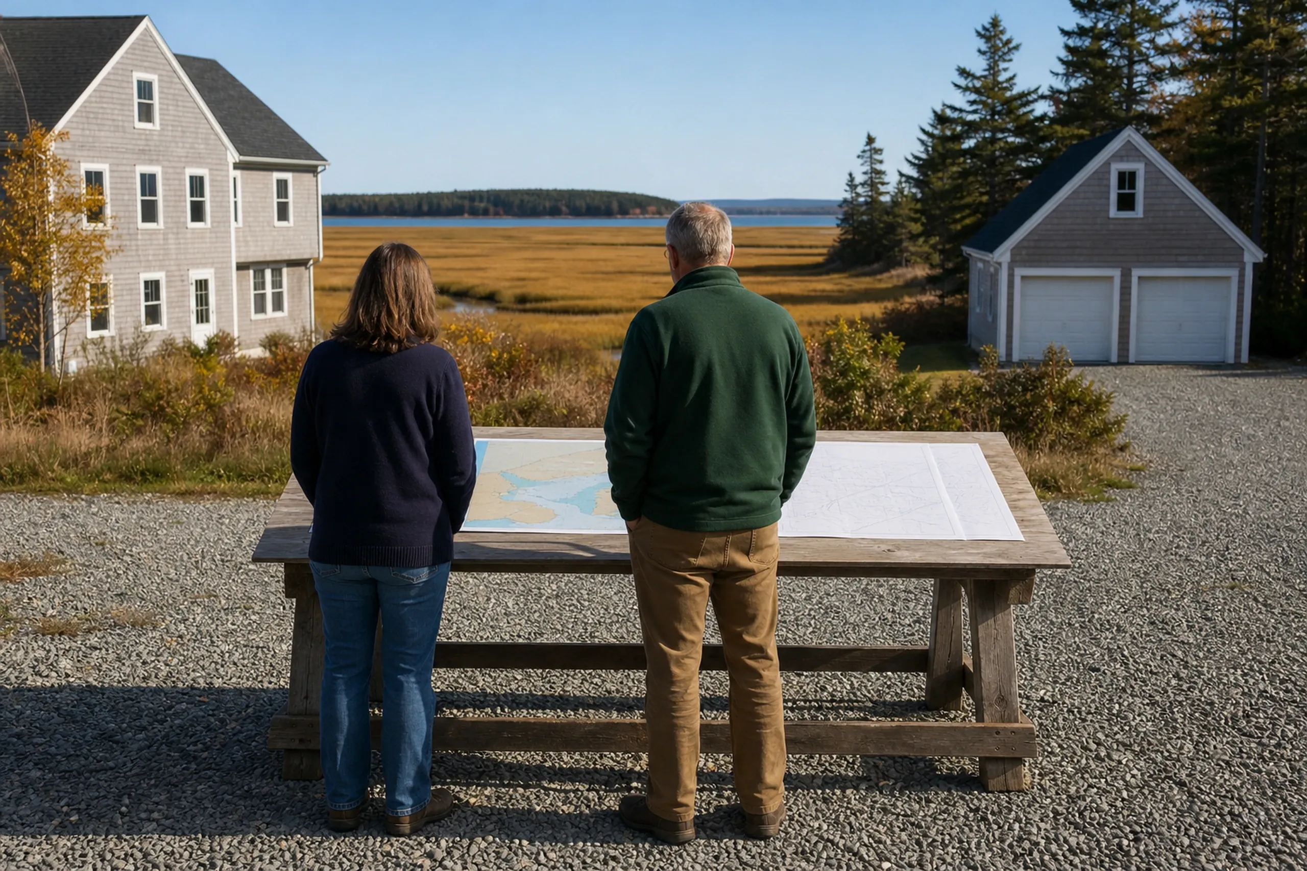 General contractor in Freeport: two people seen from behind at a wooden table with a large map, facing a golden marsh, with a gray house and garage nearby