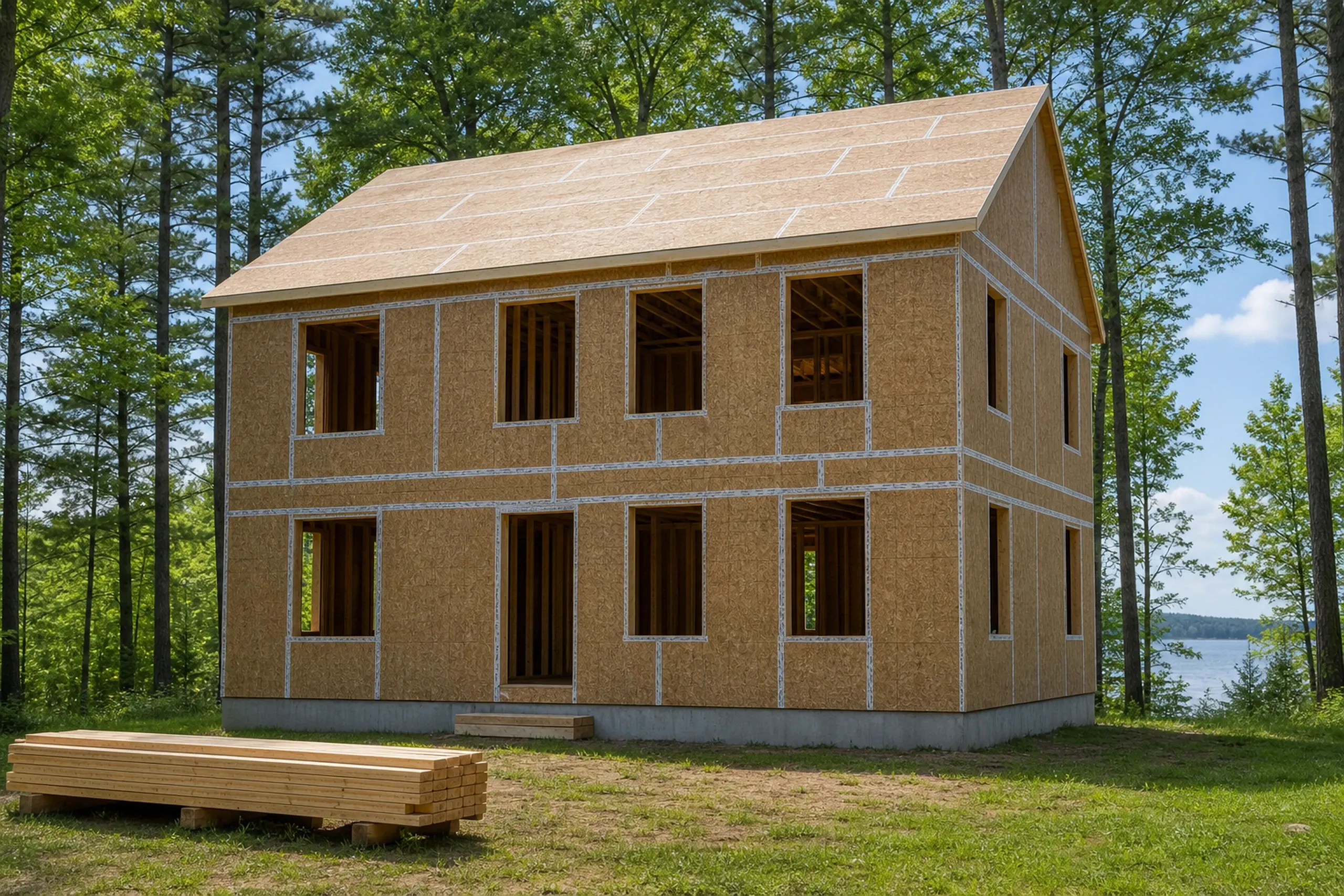 General contractor in Freeport: A two-story house frame with sheathing panels, a sheathed roof and open window holes, a lumber stack in the grass and a lake behind