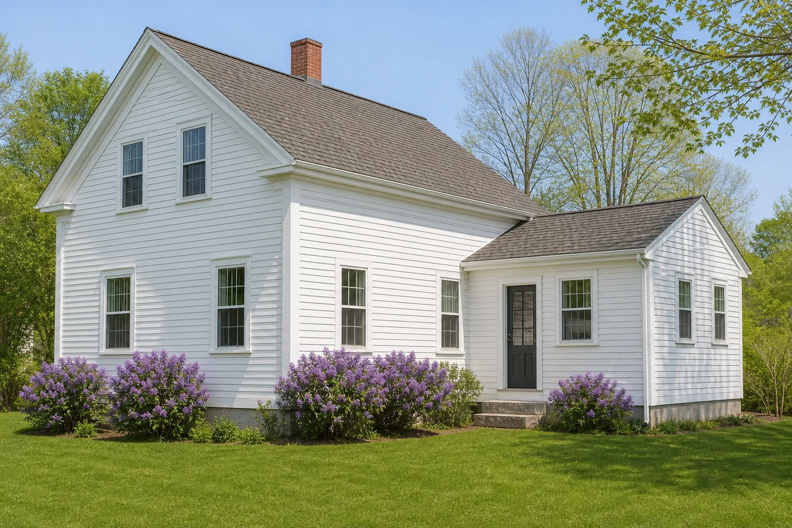 General contractor in Freeport: white clapboard farmhouse with a lower matching addition under the same roof pitch, purple lilacs in bloom along the foundation