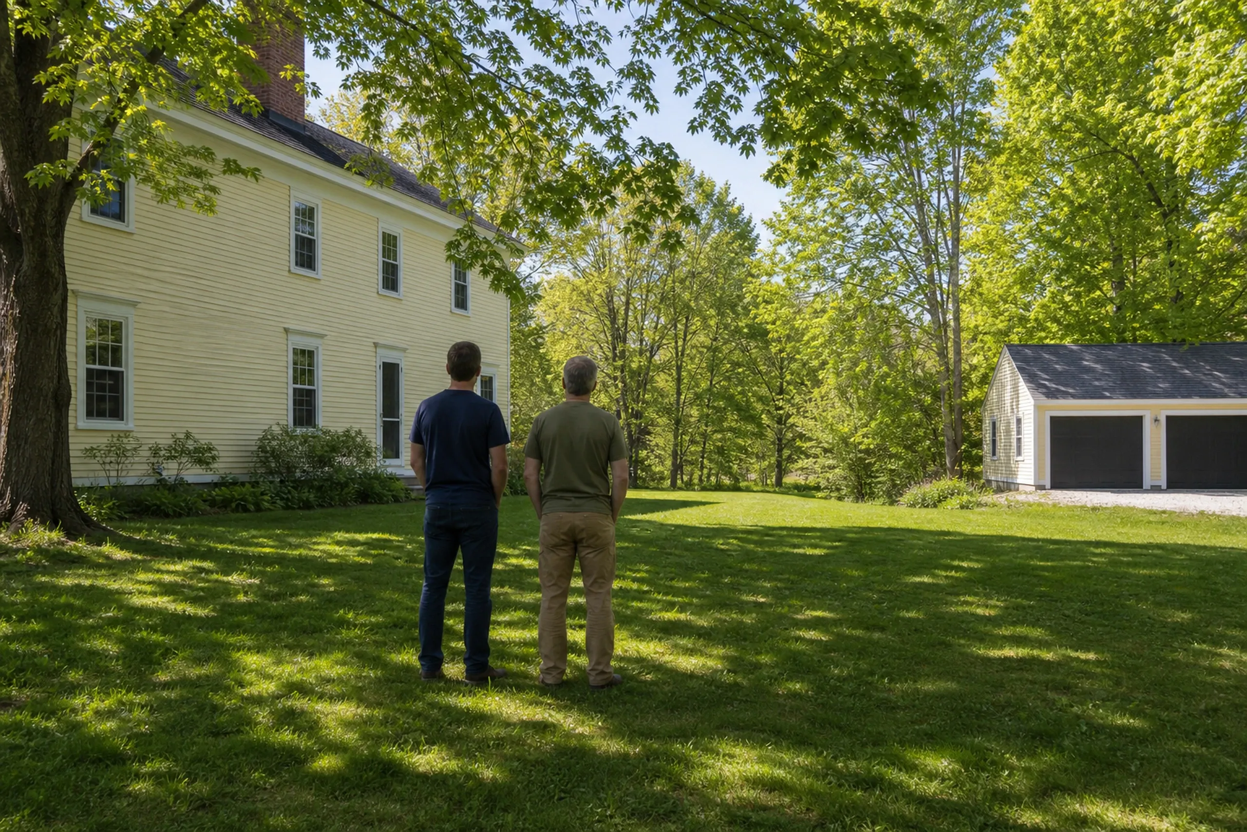 General contractor in Freeport first visit: two men seen from behind on a shaded lawn, looking at a yellow clapboard house with a brick chimney and a two-car garage at right
