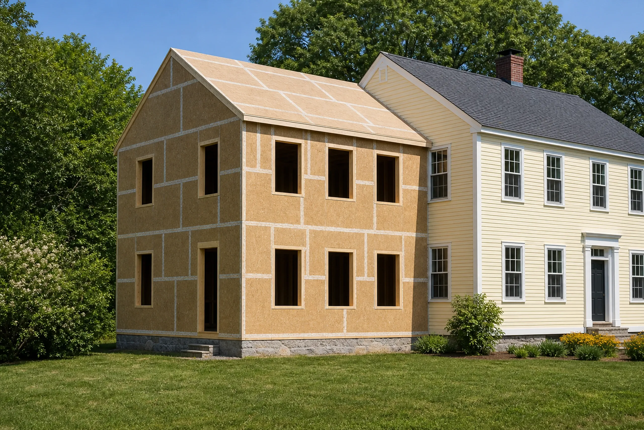 General contractor in Freeport in progress: A new two-story section in sheathing panels with open window holes, joined to a yellow clapboard house, with green trees behind
