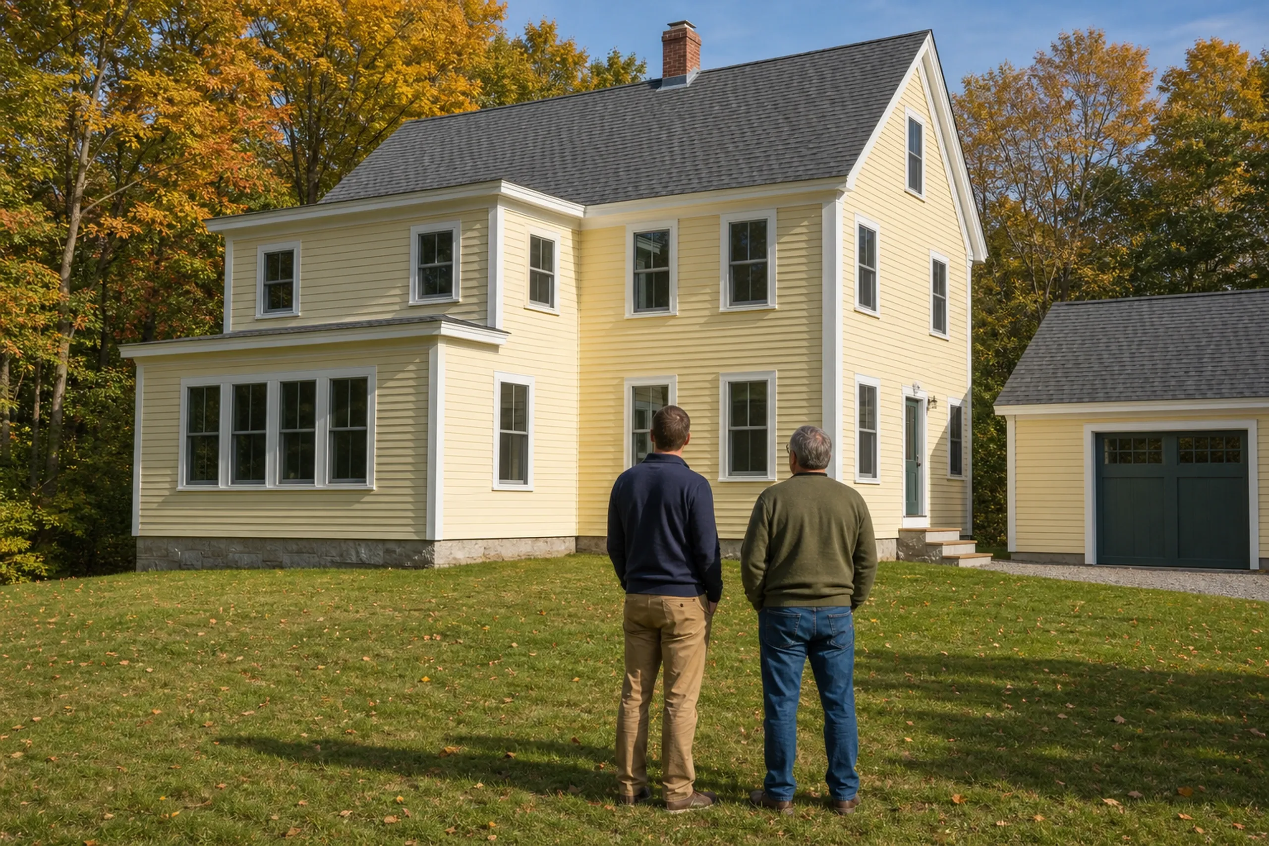 General contractor in Freeport: two men seen from behind on a lawn facing a yellow house with a wide window bank on a lower wing and a green-doored garage, in autumn