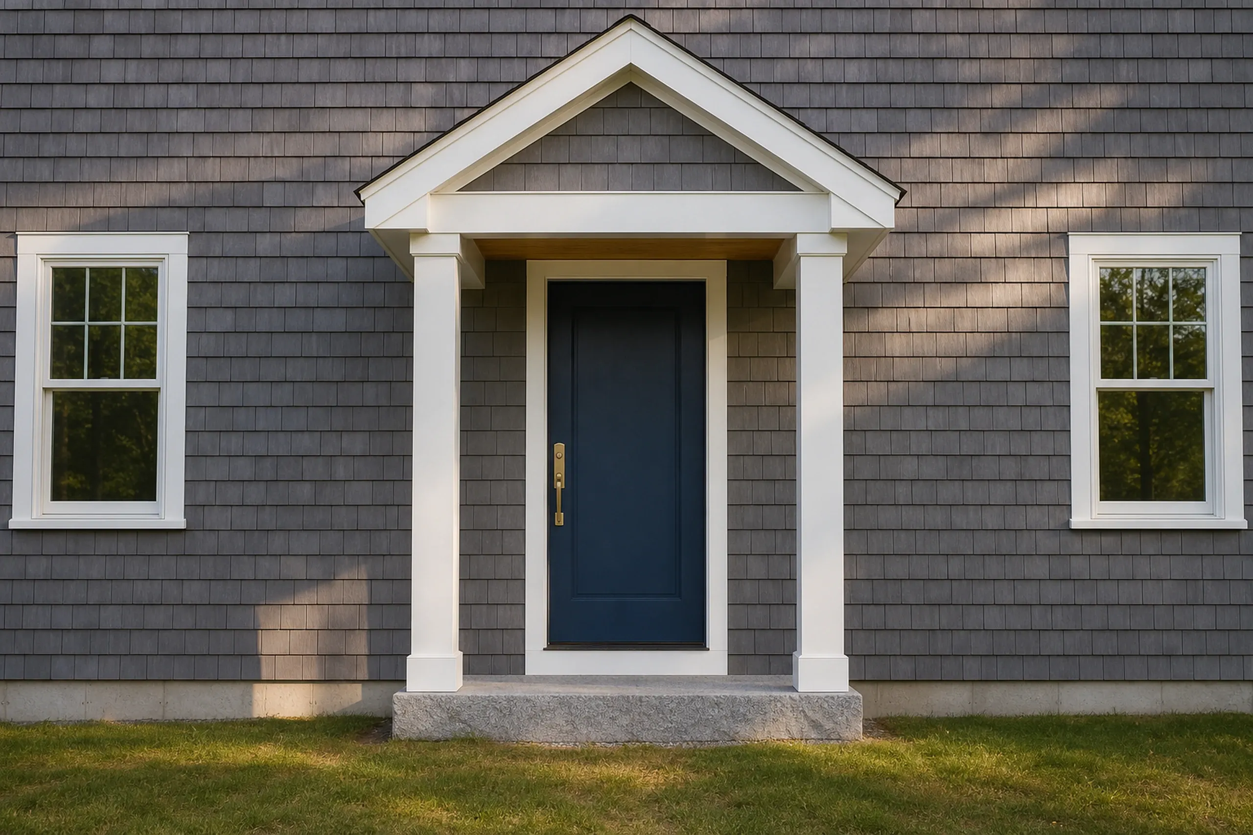 General contractor in Freeport: A navy front door under a small white gabled portico on a gray shingle wall, with a window on each side and a granite step