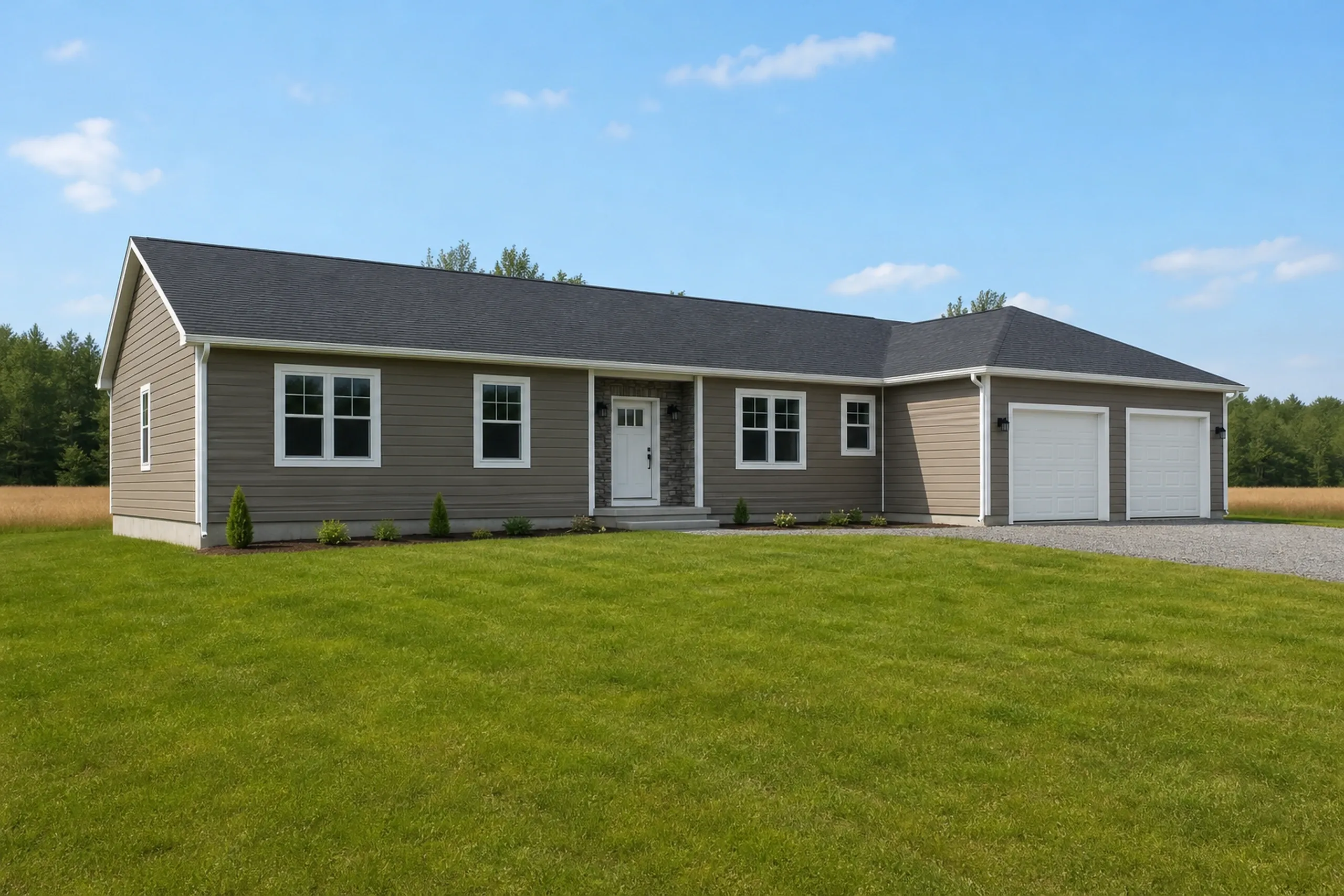 General contractor in Gorham: A one-story ranch house with tan siding, white trim, a gray roof, a stone-faced entry and a two-door garage, on a wide lawn