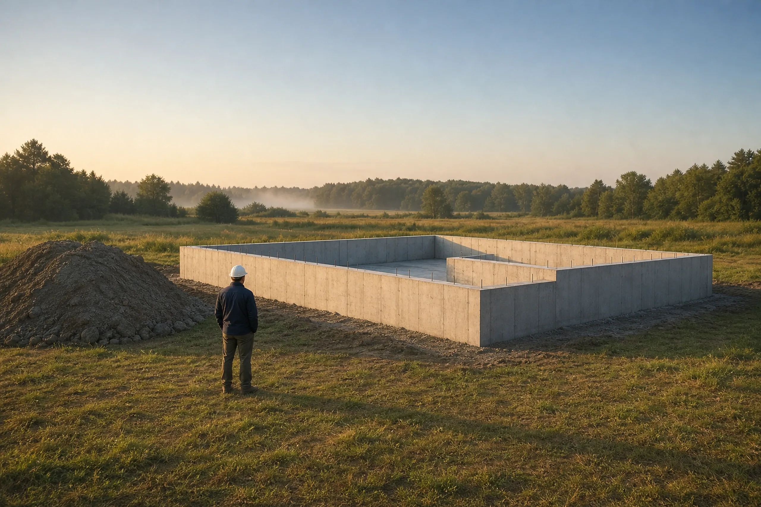 General contractor in Gorham: A man in a white hard hat seen from behind, standing before concrete foundation walls in a misty field, with a dirt mound at left