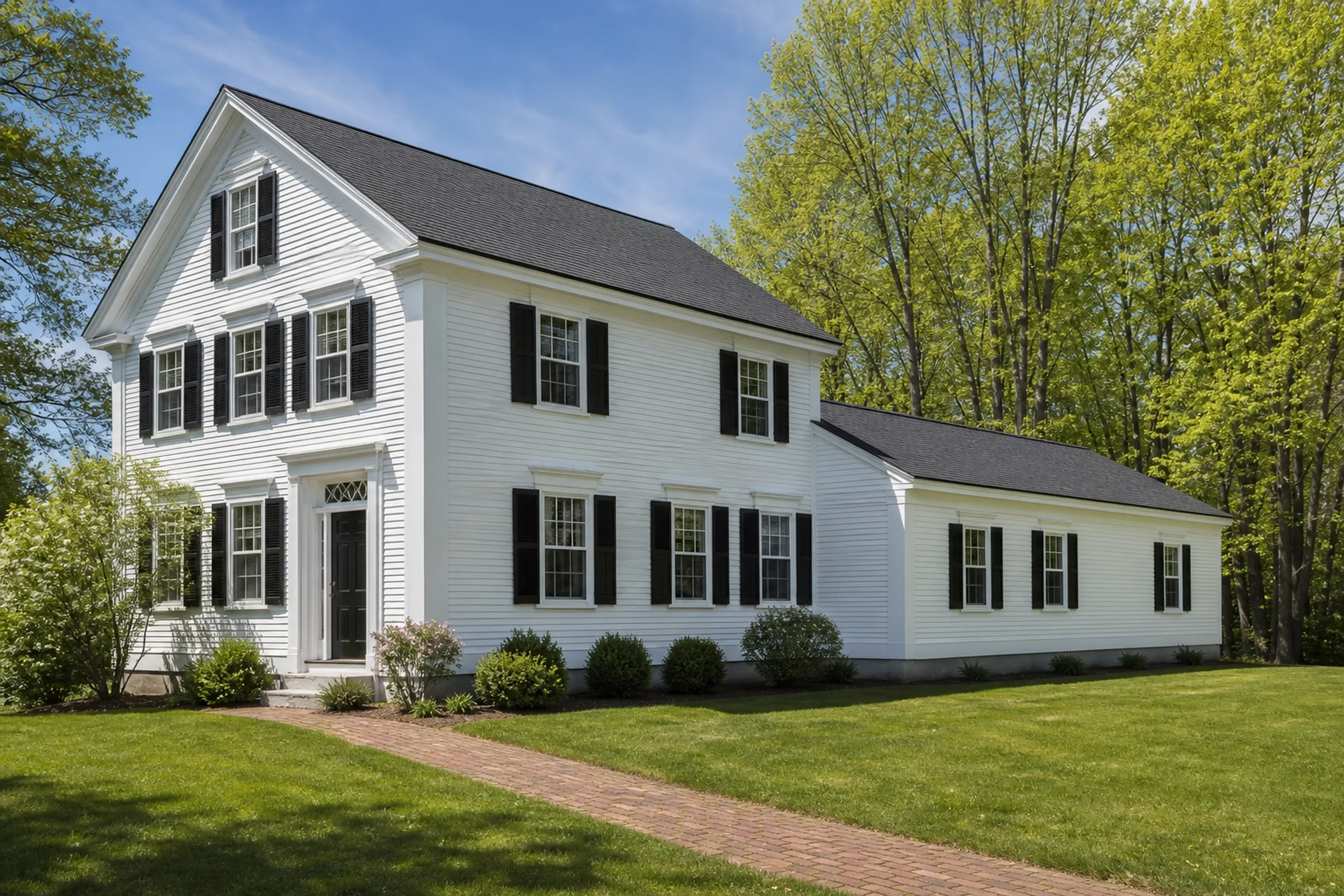 General contractor in Gorham: A white clapboard house with black shutters and a gabled front, joined to a long one-story wing at right, with a brick walkway