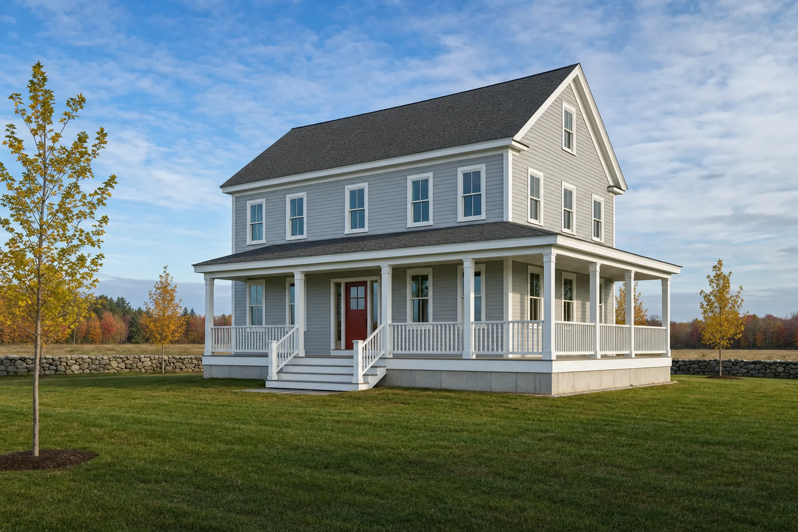 General contractor in Gorham, ME: A gray two-story house with a wraparound covered porch, white railings and a red front door, on a lawn with young trees in autumn