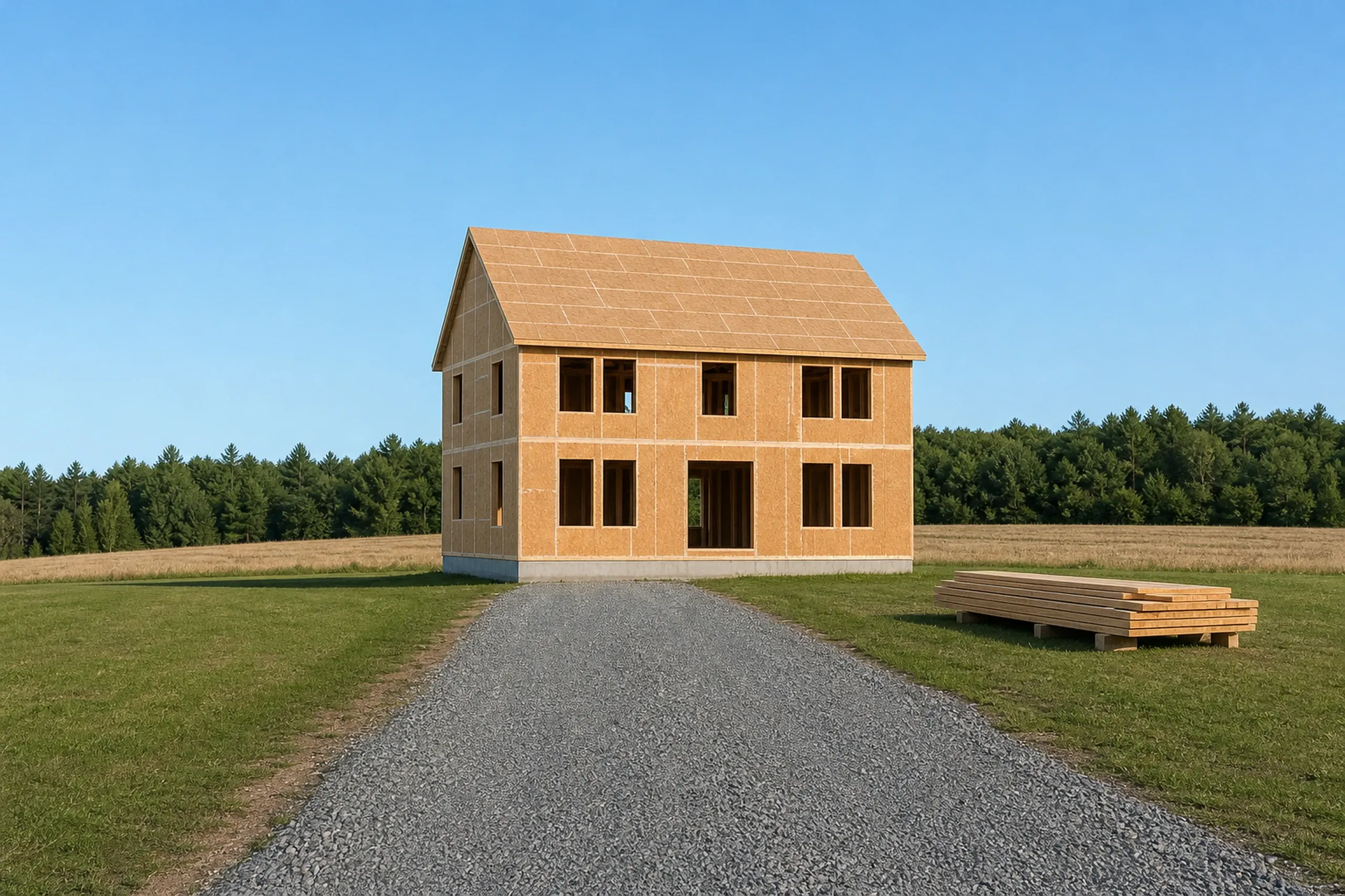 General contractor in Gorham: A two-story house frame in sheathing panels with open window holes and a sheathed roof, at the end of a gravel drive with lumber nearby