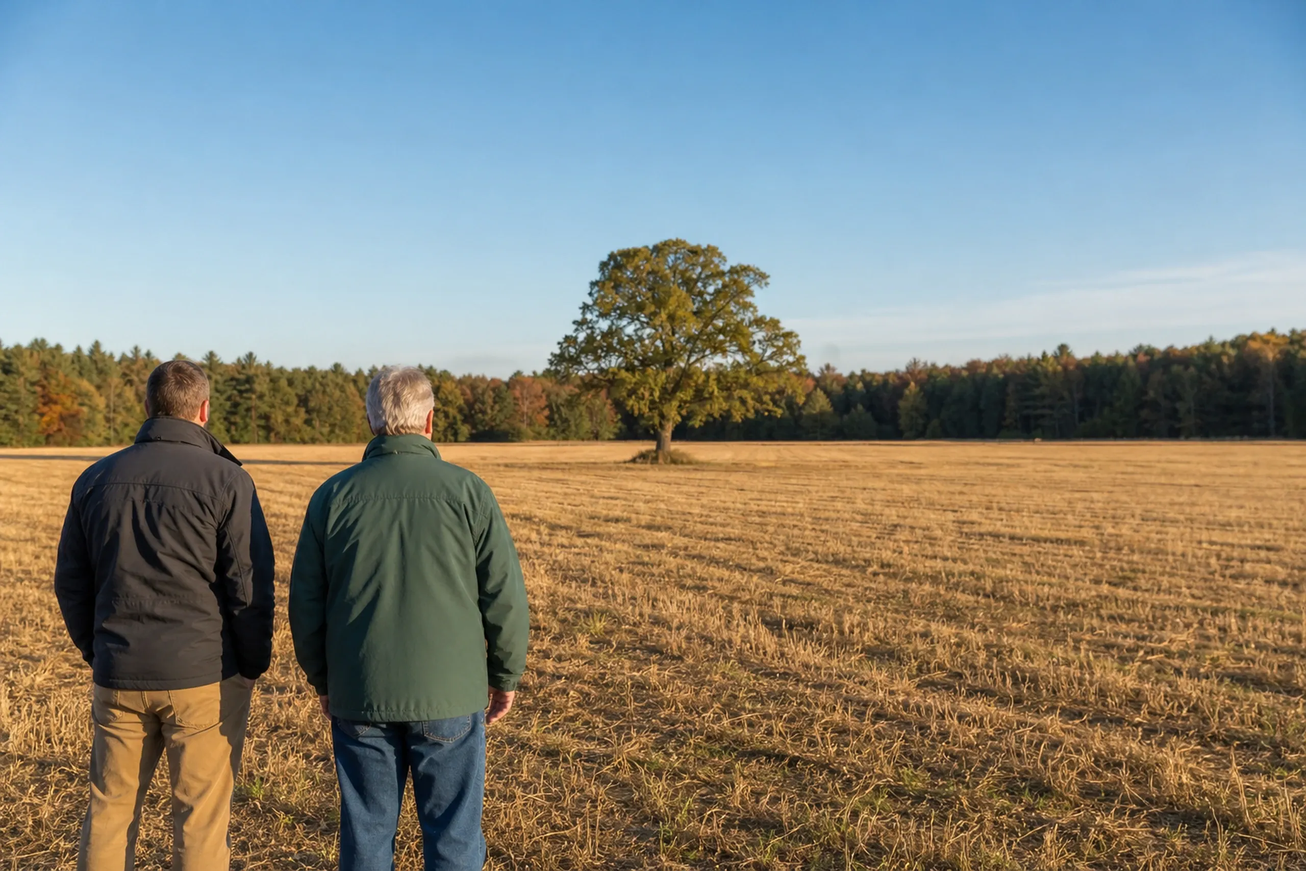 General contractor in Gorham first visit: two men seen from behind in a harvested field, one in a dark jacket and one in green, looking toward a lone tree and a tree line