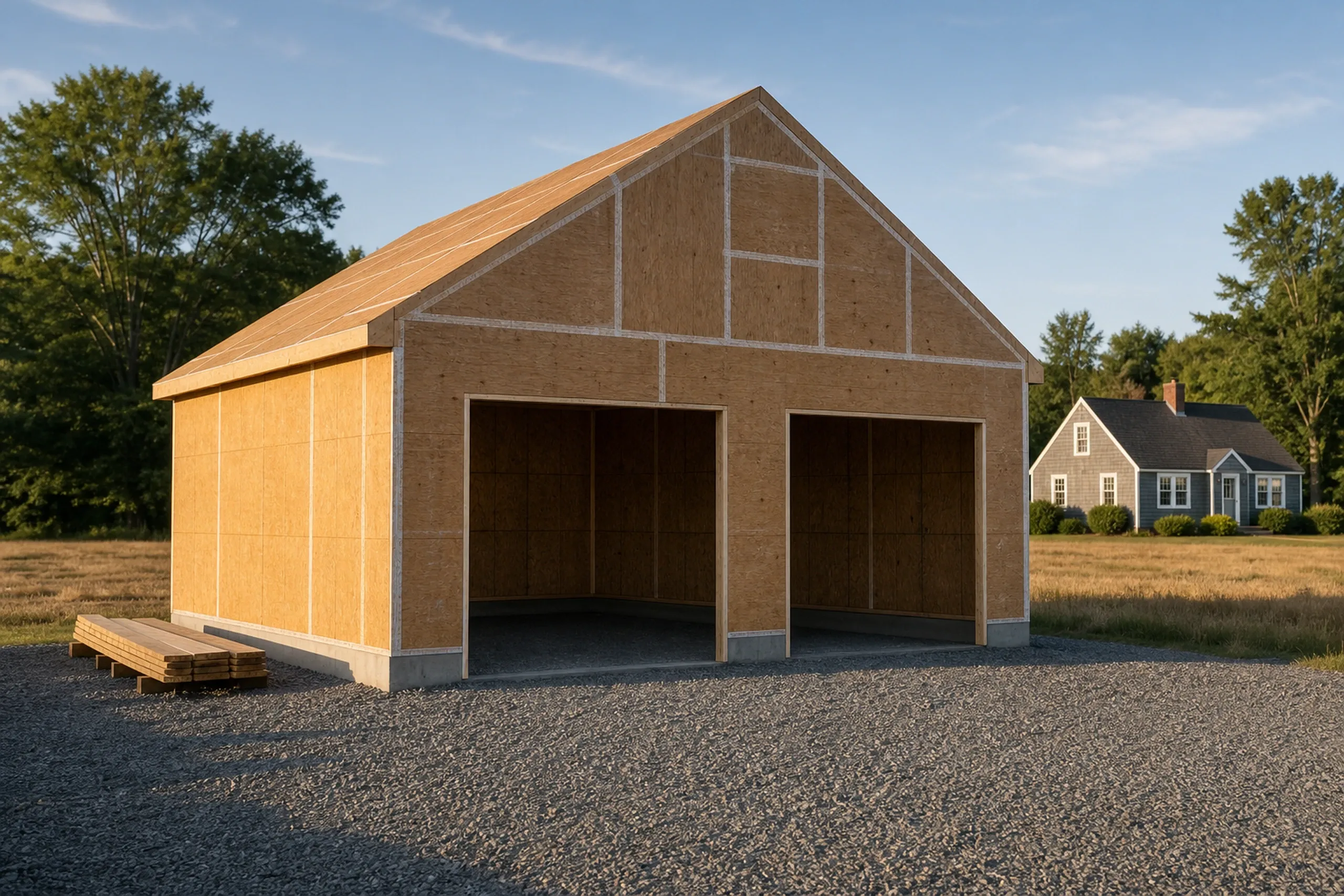 General contractor in Gorham in progress: A two-bay garage framed in sheathing panels with open door bays and a gravel apron, with a lumber stack and a gray house across the field