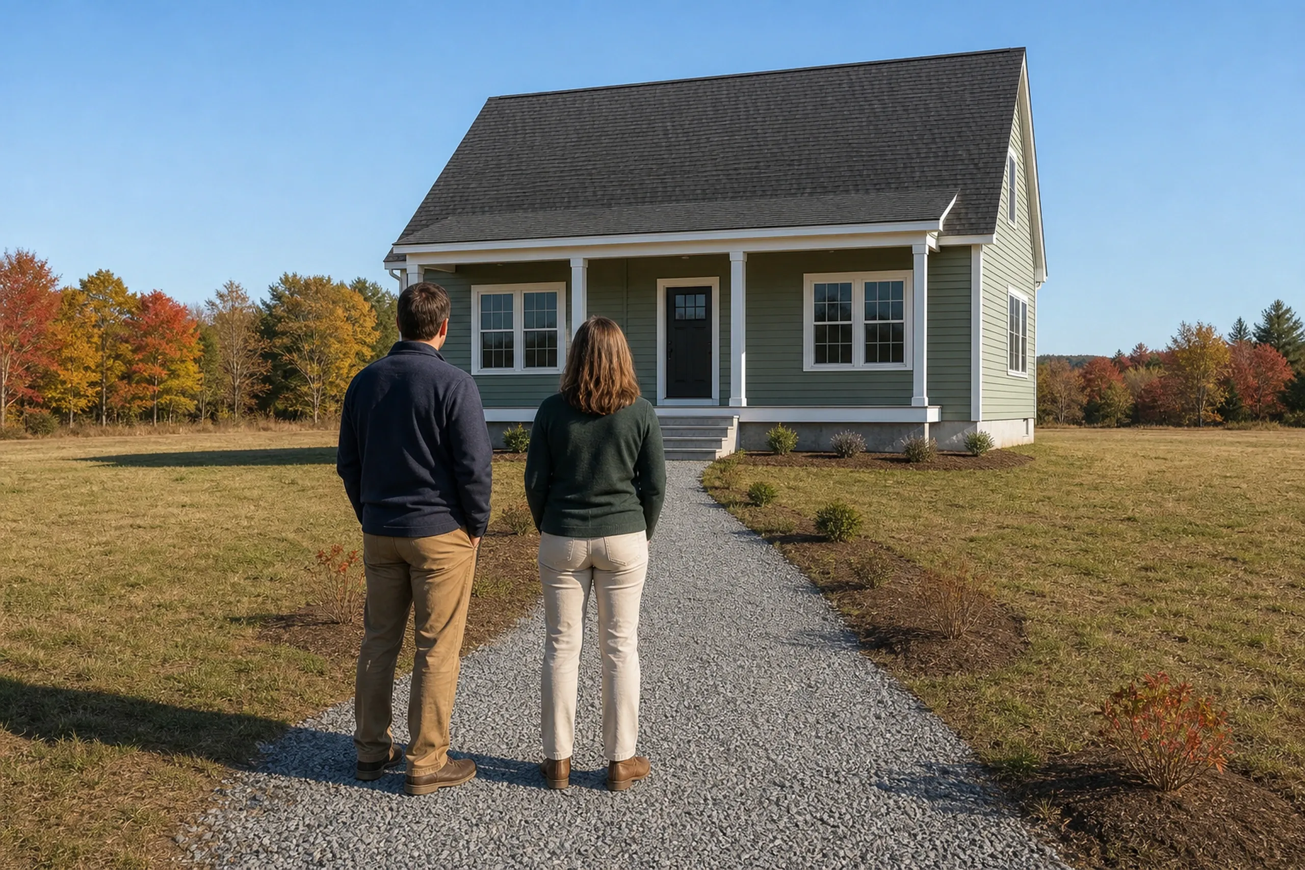 General contractor in Gorham final walkthrough: A man and a woman seen from behind on a gravel path, facing a green house with a covered front porch and a gray roof, in autumn