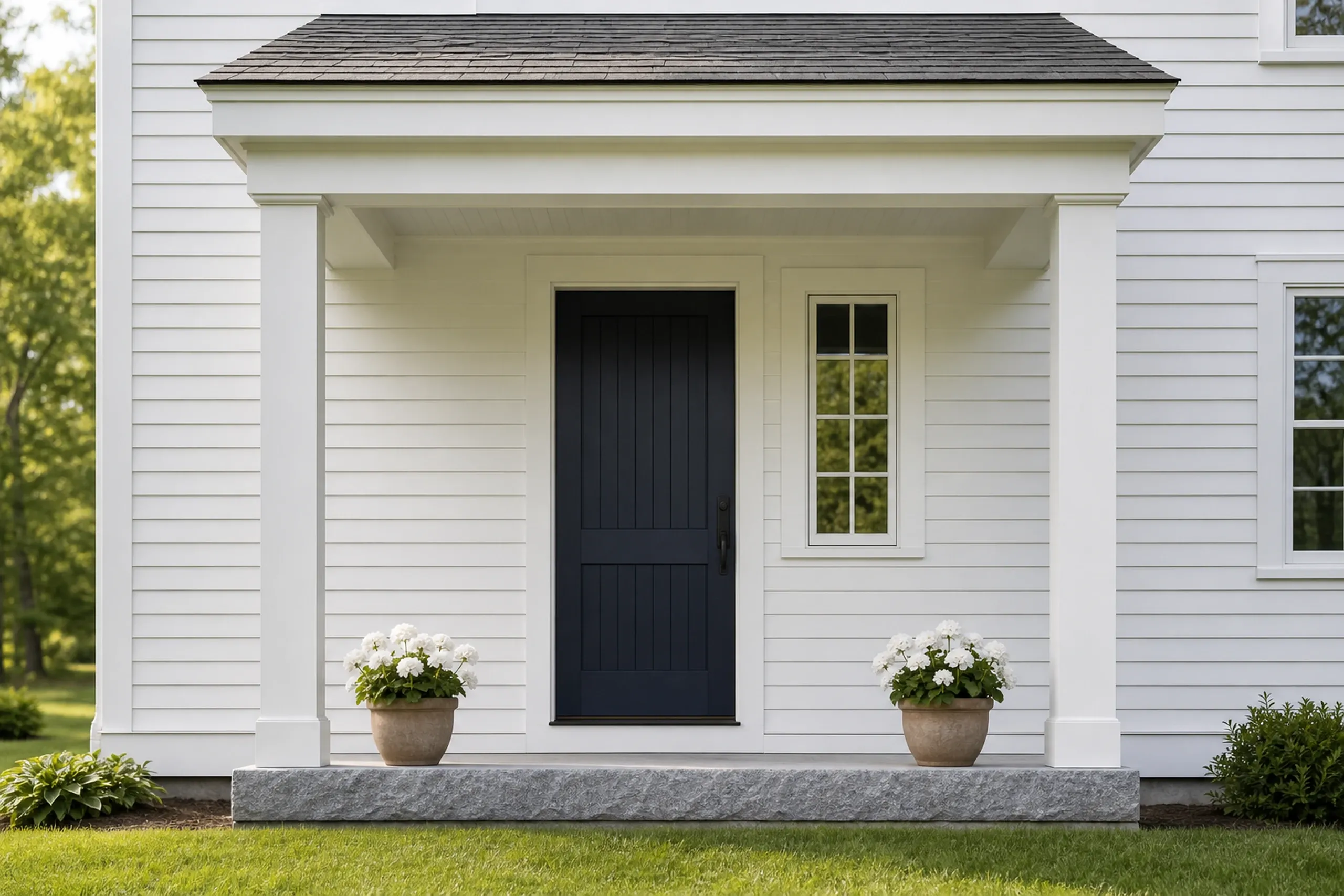 General contractor in Gorham: A dark navy door between two square white columns under a small roof on white clapboard, with a flower pot on each side of the step