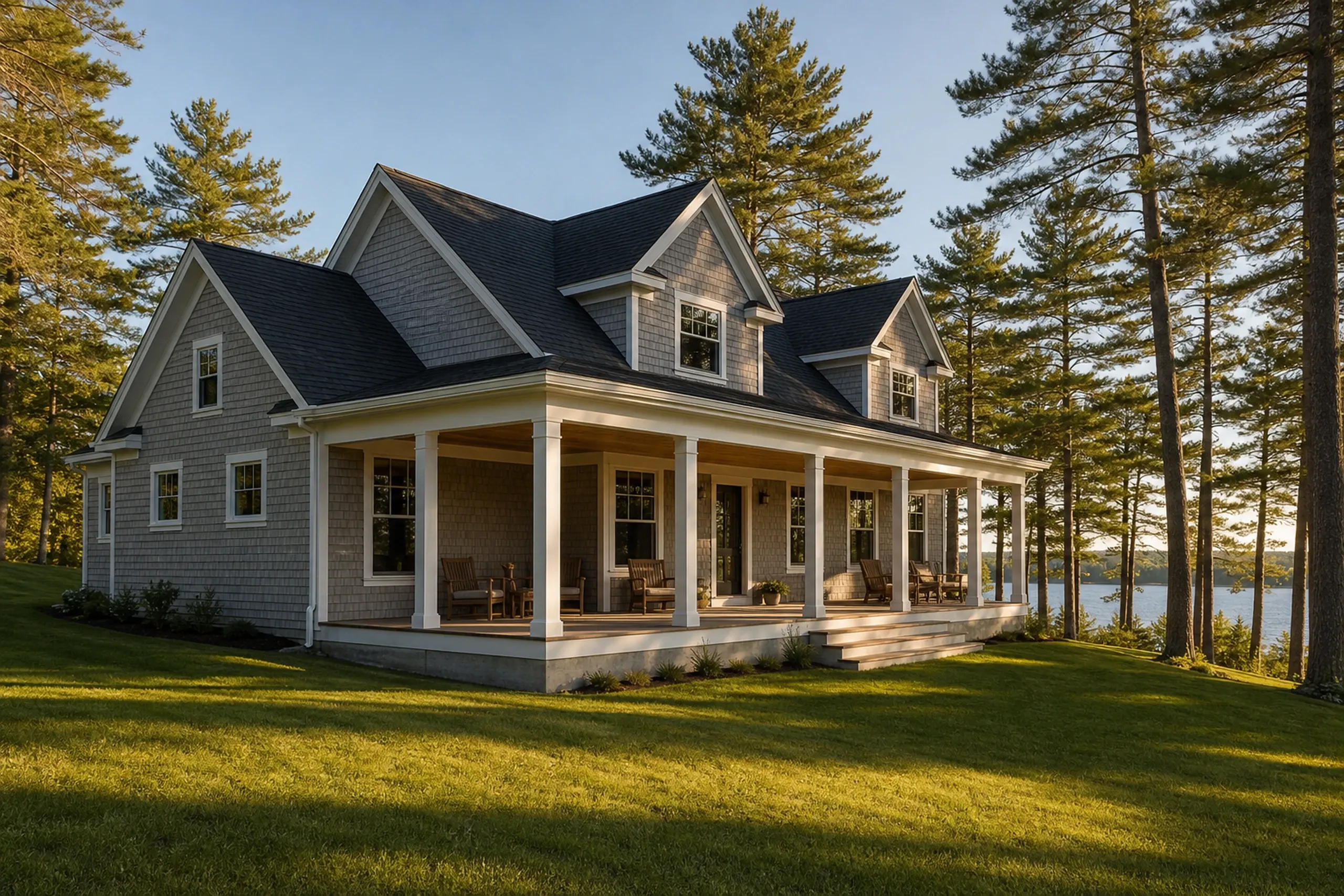 General contractor in Gray: A gray shingle house with dormers, a dark roof and a deep front porch with wooden chairs, among tall pines, with a lake to the right