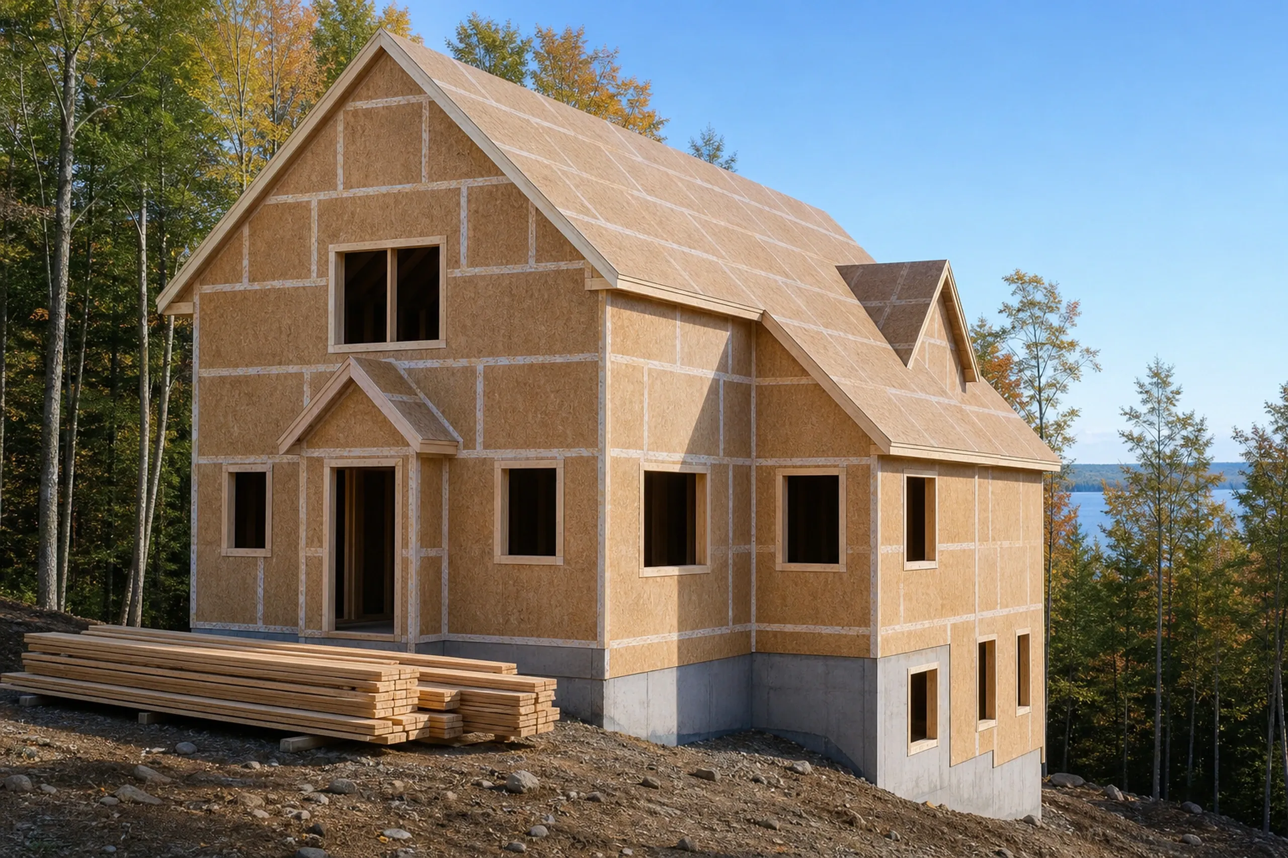 General contractor in Gray: A framed and sheathed house on a sloped lot with a dormer, open window holes and a concrete lower wall, lumber at left and a lake beyond