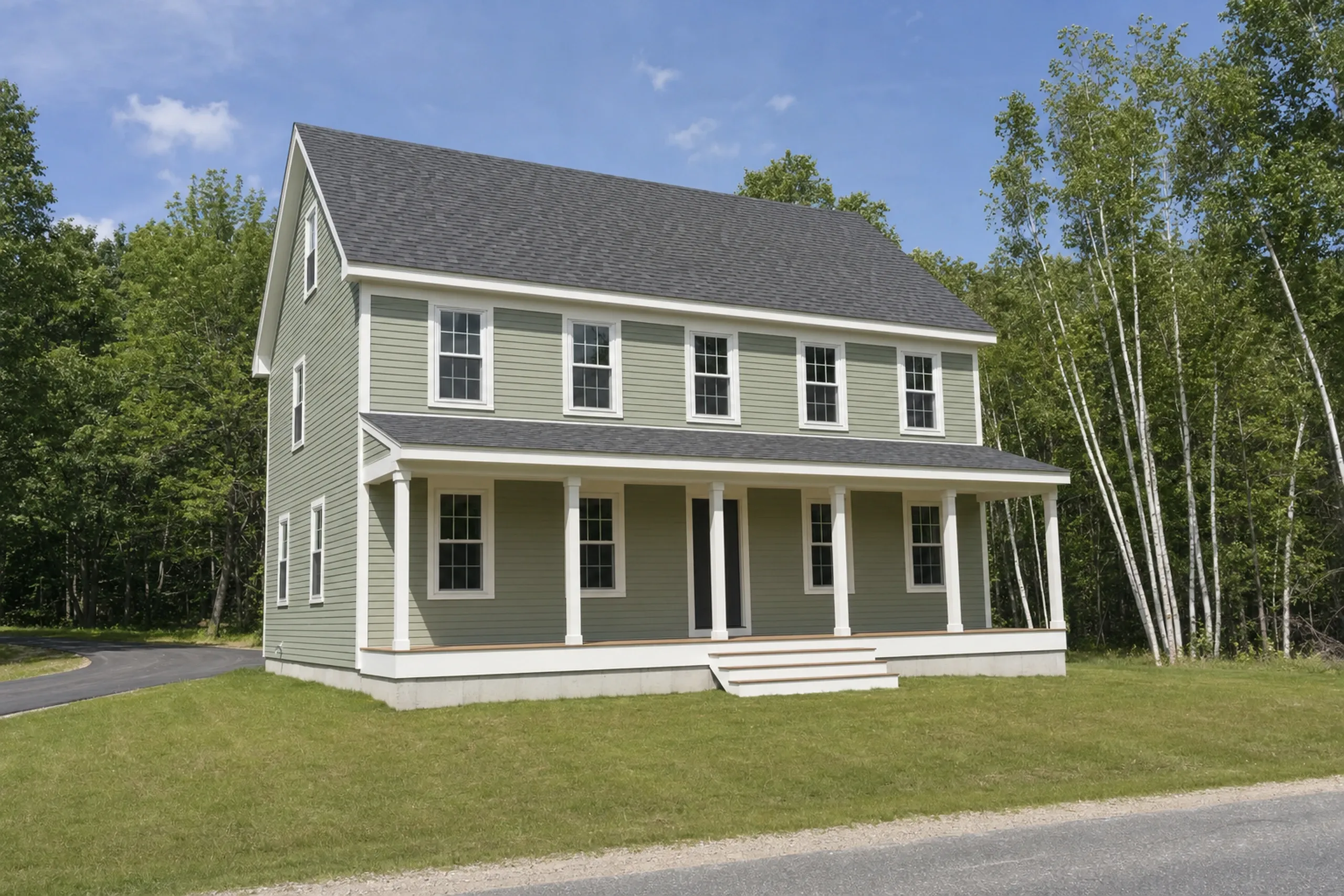 General contractor in Gray, ME: A sage green two-story house with a covered front porch, white columns and a gray roof, beside a paved road with birch trees at right
