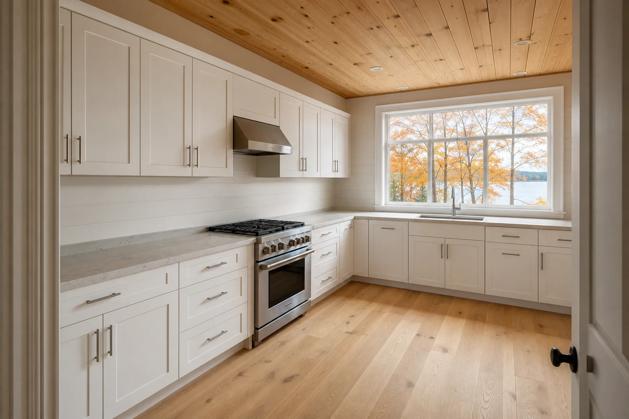 General contractor in Gray: A kitchen with white cabinets, a stainless range, stone counters, a wood plank ceiling and a big window onto orange trees and a lake