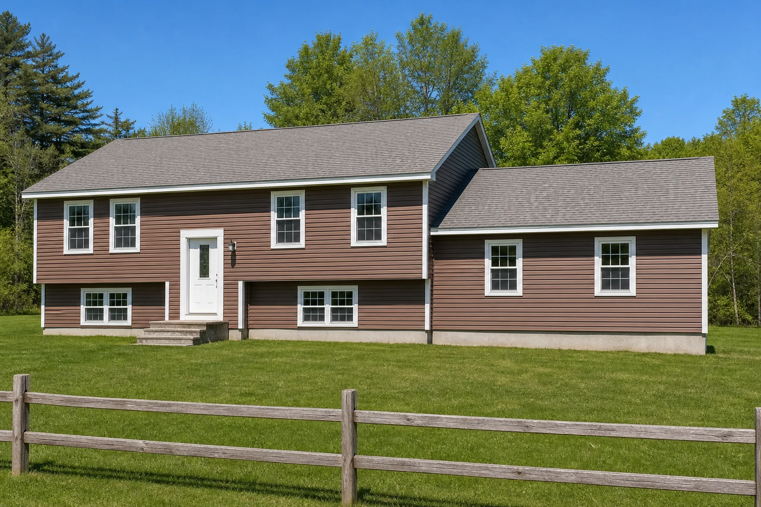 General contractor in Gray: A brown-sided house with a taller section at left, a lower wing at right, gray roofs, a white front door and a split-rail fence in front