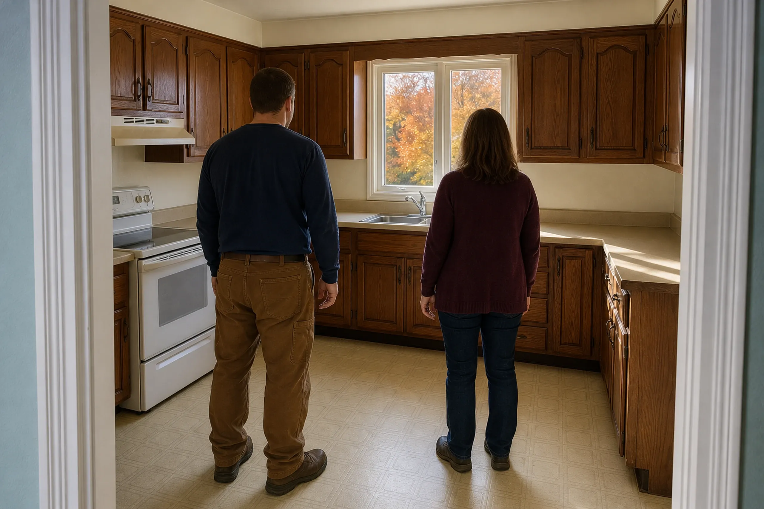 General contractor in Gray first visit: an older kitchen with wood cabinets and a white stove, where a man and a woman stand seen from behind facing a window onto orange trees