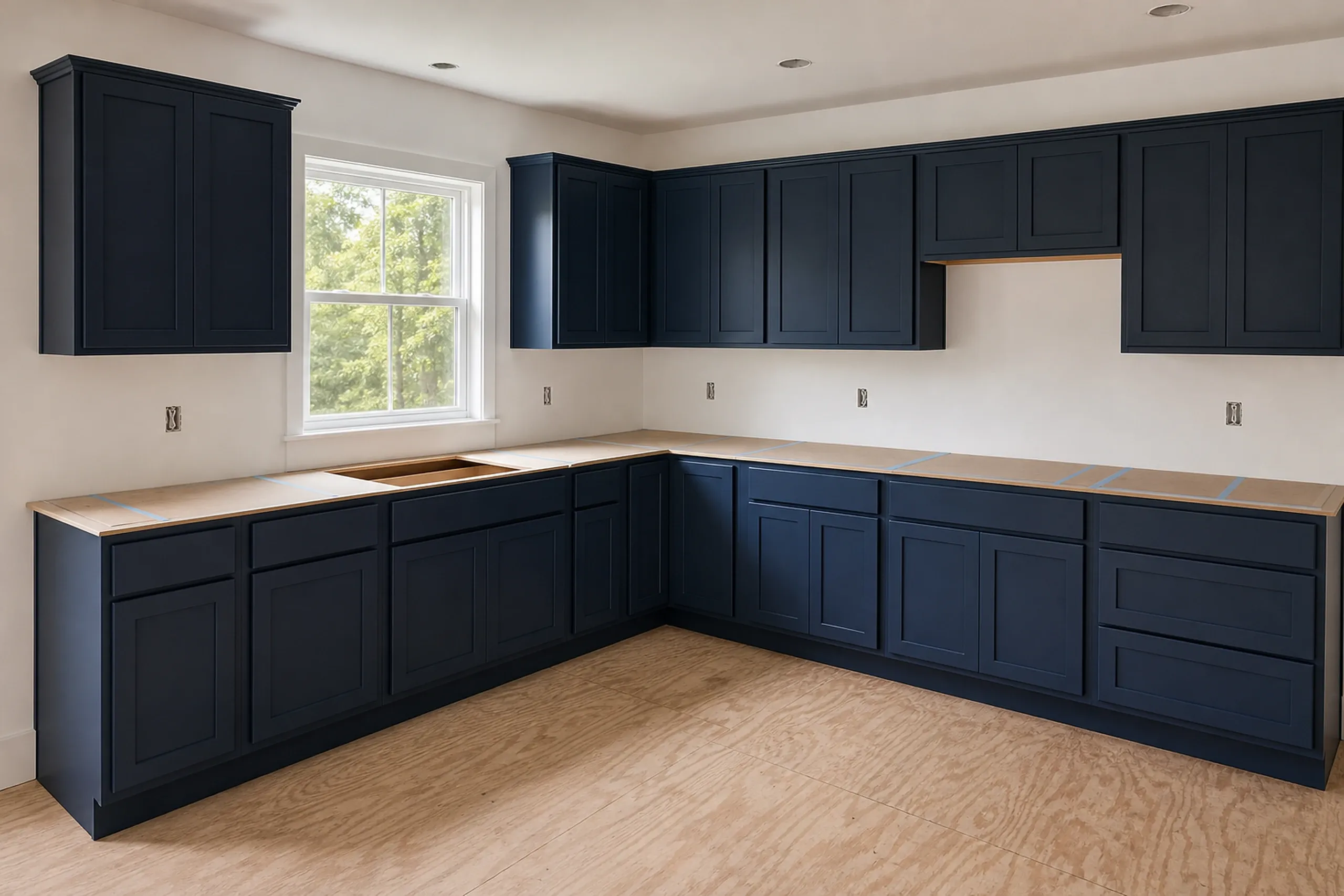 General contractor in Gray in progress: A kitchen with navy cabinets along two walls, a plywood floor, a bare wood counter base with a sink cutout and a window onto green trees