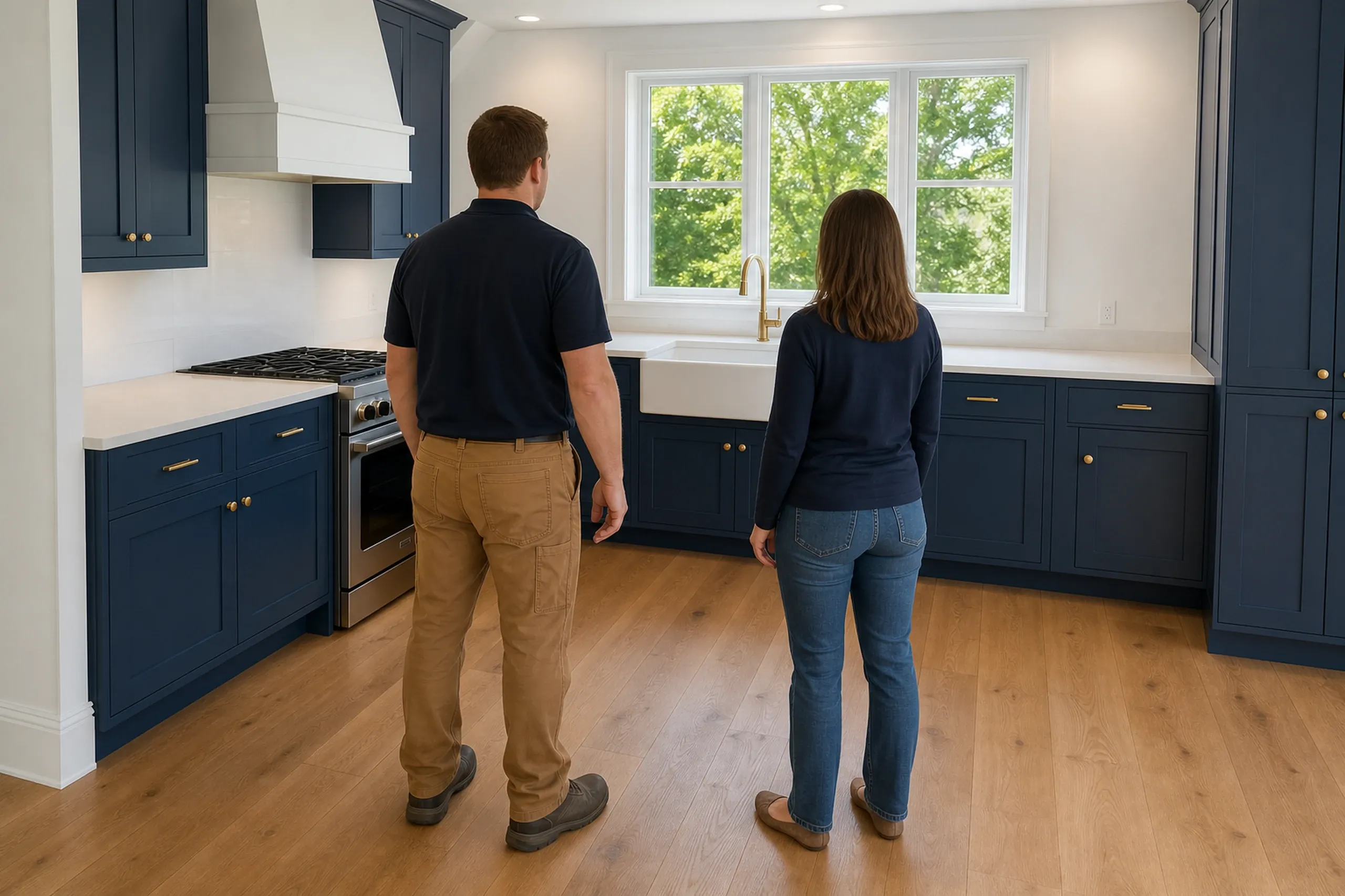 General contractor in Gray final walkthrough: two people seen from behind in a kitchen with navy cabinets, white counters and a deep white sink, facing a window onto green trees