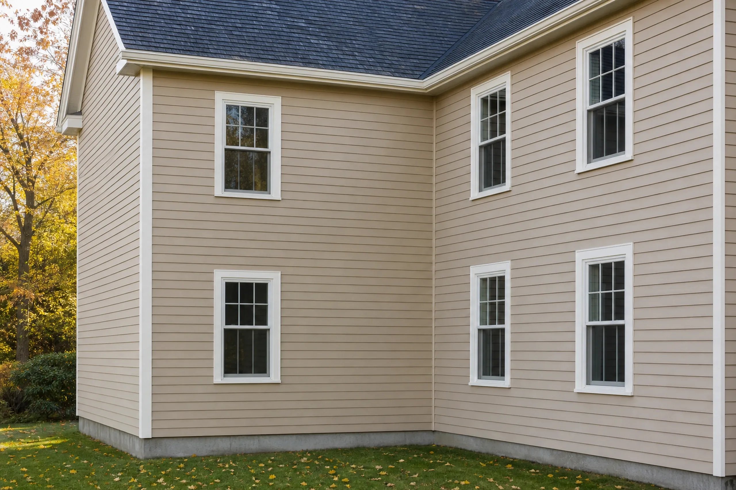 General contractor in Gray: the corner of a two-story house with tan clapboard siding, white trim, double-hung windows and a dark roof, with yellow leaves on grass
