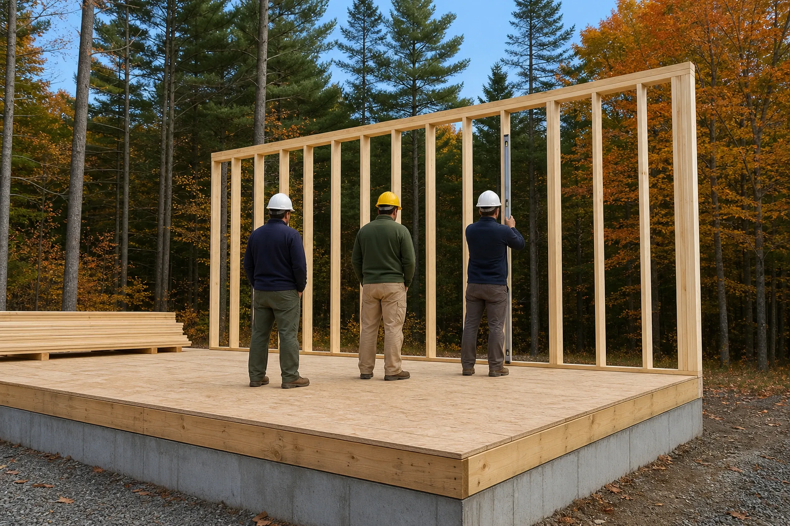 General contractor in Gray: three men in hard hats seen from behind on a plywood deck, one holding a long level to a stud wall, with autumn woods behind