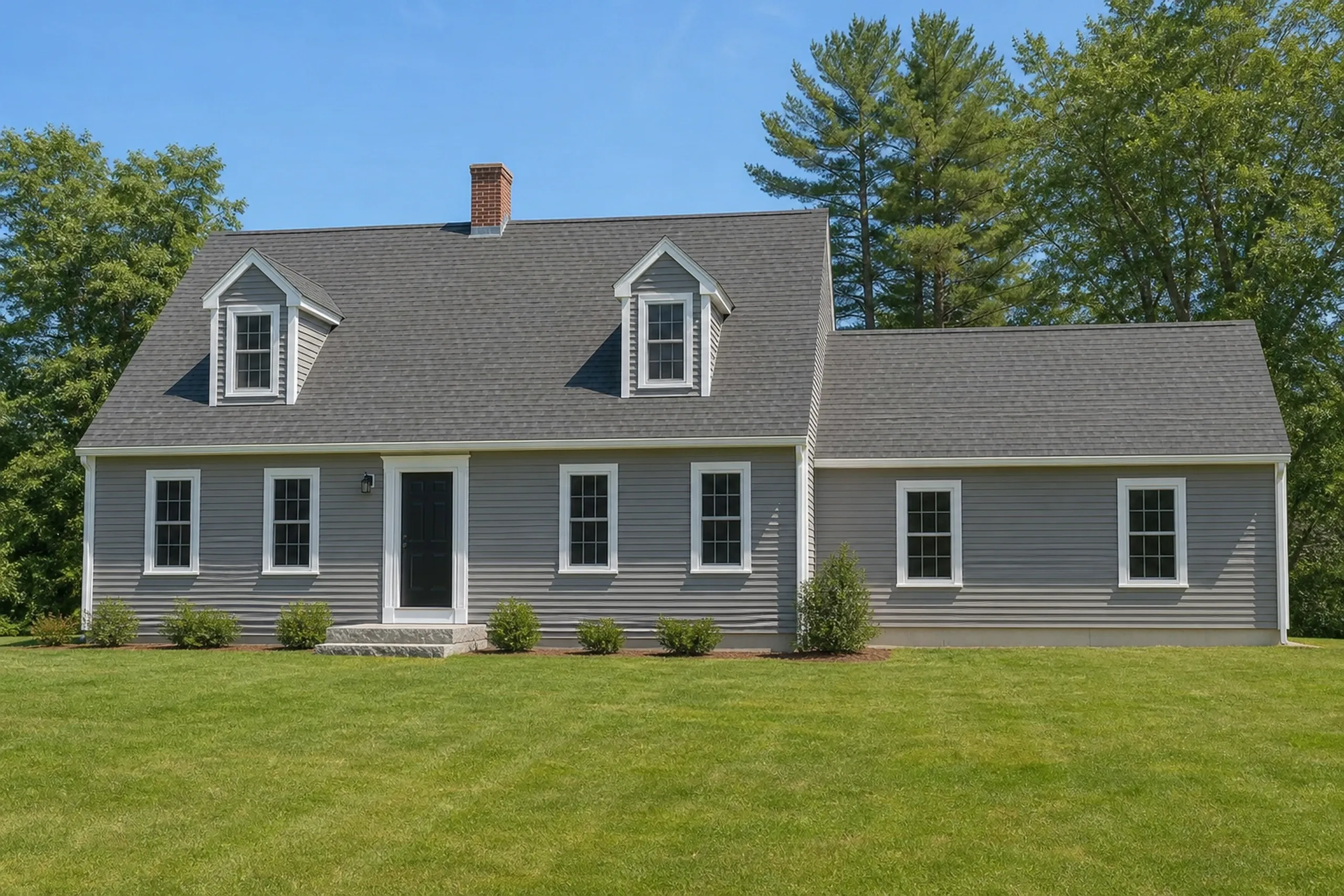 General contractor in Hollis: A gray clapboard house with two dormers, a brick chimney, a black front door and a long one-story wing at right, on a mowed lawn
