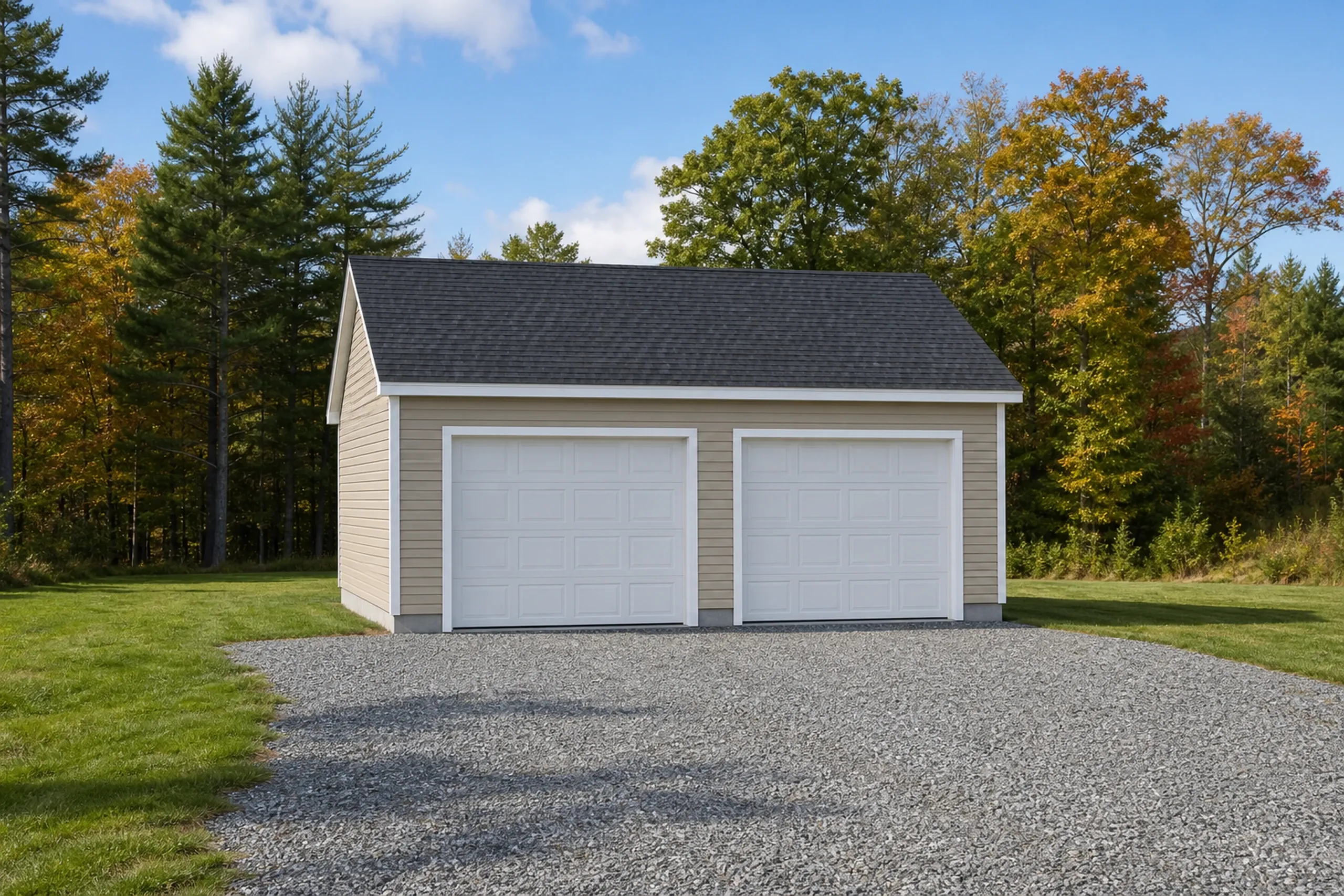 General contractor in Hollis: A tan-sided two-car garage with white doors and a dark gable roof, with a gravel apron to its doors and autumn trees behind