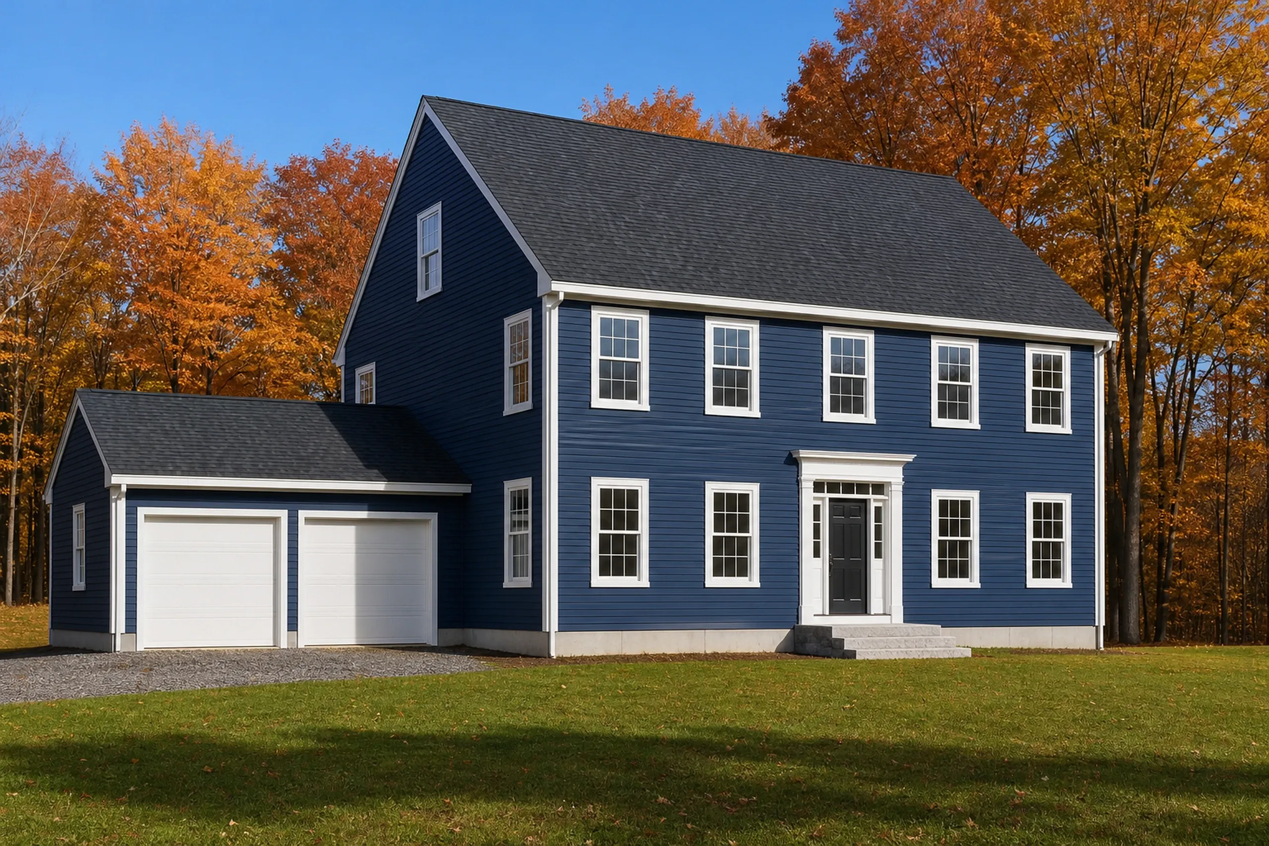 General contractor in Hollis: A navy blue two-story house with white trim, a black front door, a gray roof and an attached two-car garage at left, with orange trees