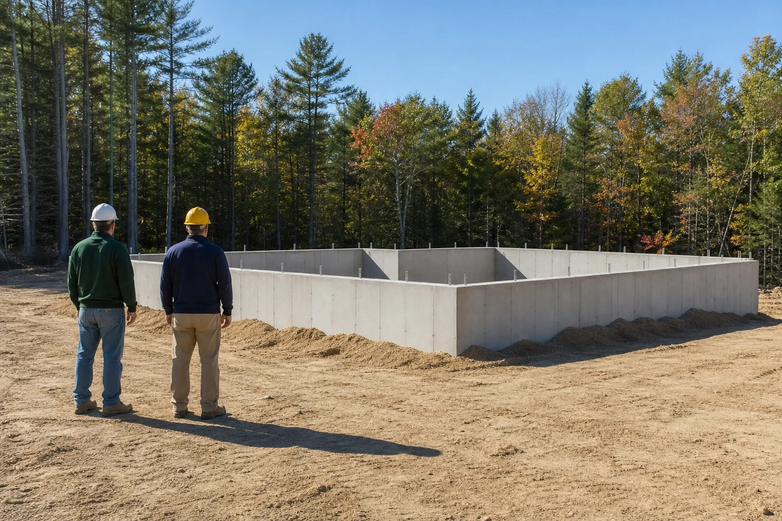 General contractor in Hollis: two men in hard hats seen from behind beside concrete foundation walls with anchor bolts on top, on bare dirt with mixed woods behind