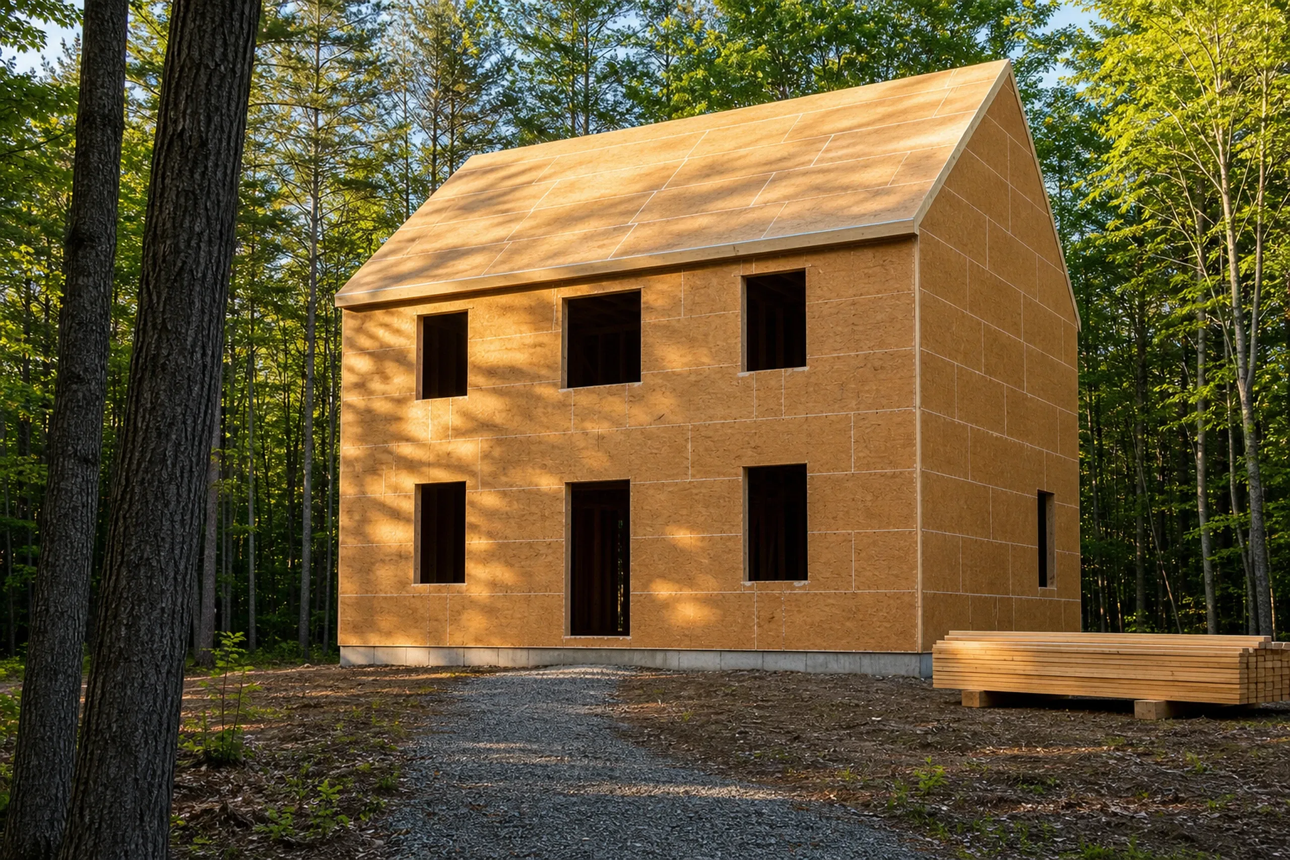 General contractor in Hollis: new two-story house framed and sheathed with open window holes, in a wooded clearing with a gravel drive and stacked lumber