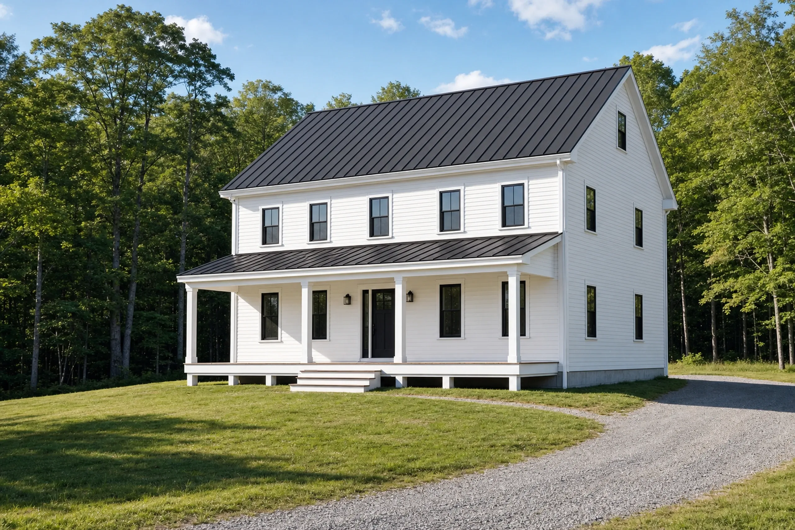 General contractor in Hollis, ME: A white two-story farmhouse with a covered front porch, a dark ribbed roof and black windows, by a curving gravel drive and green woods