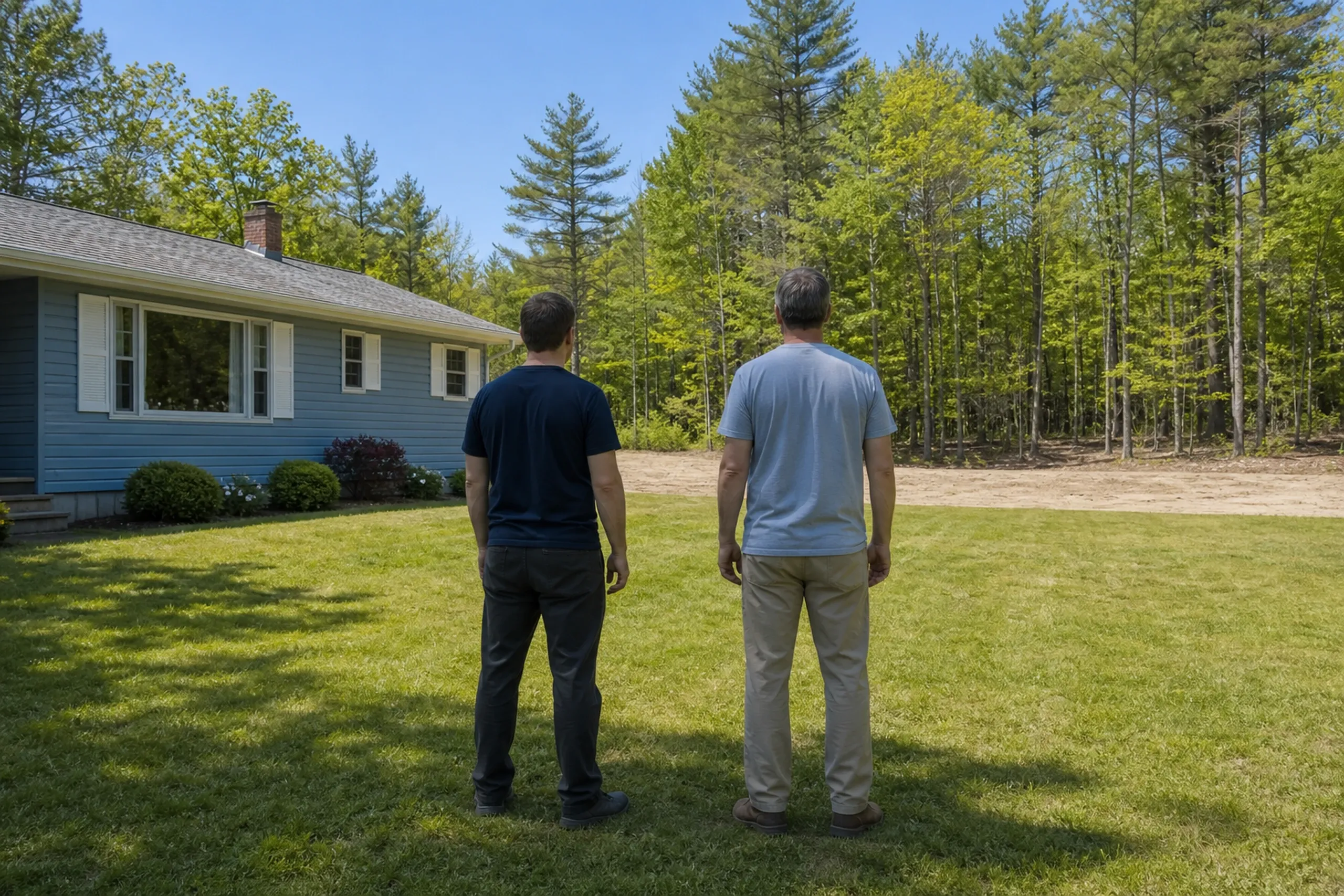 General contractor in Hollis first visit: two men seen from behind on a lawn beside a blue one-story house with a brick chimney, looking toward a dirt clearing and green woods