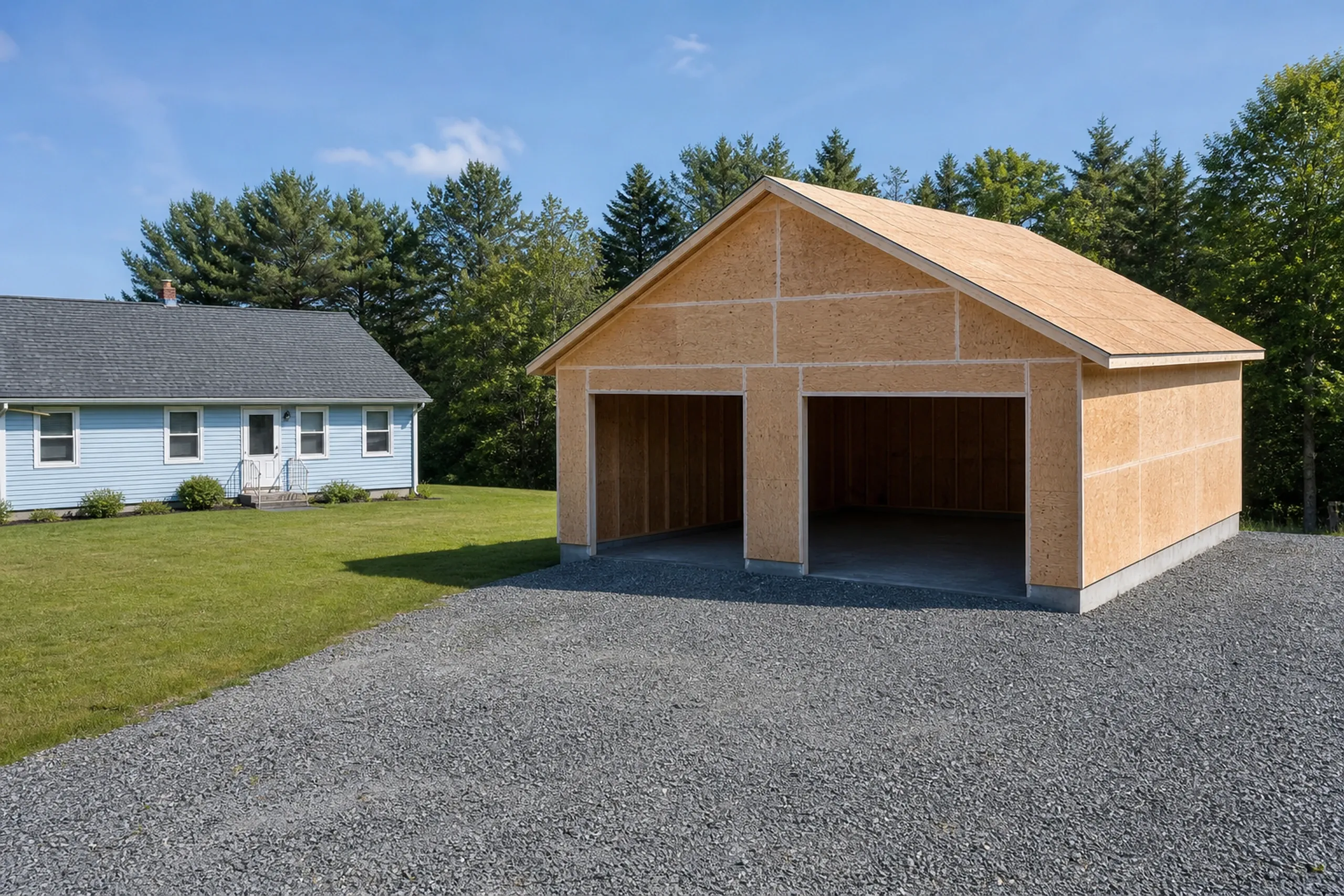 General contractor in Hollis in progress: A two-bay garage framed in sheathing panels with open door bays and a sheathed roof, on gravel beside a lawn and a light blue house