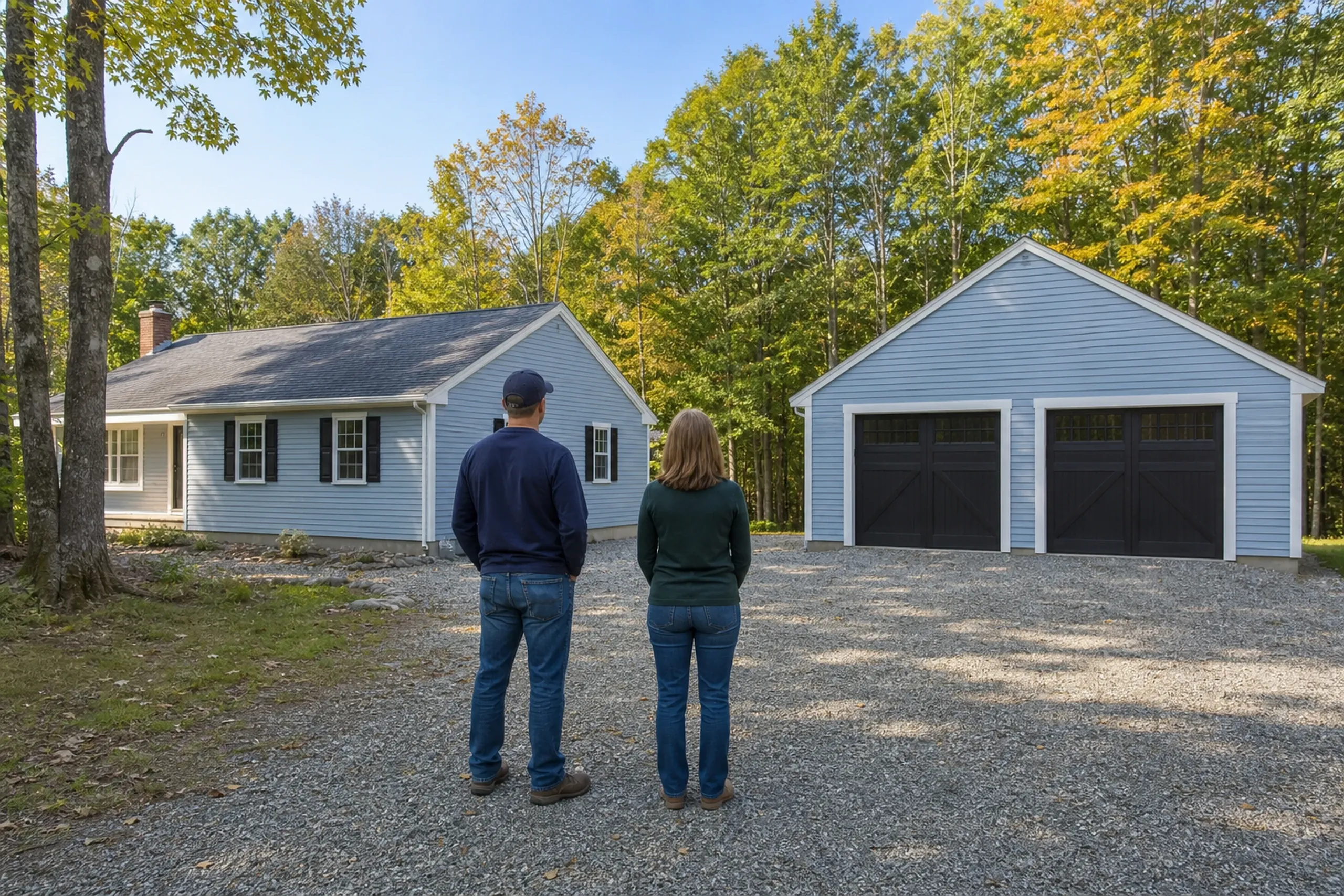 General contractor in Hollis final walkthrough: A man in a navy cap and a woman seen from behind on a gravel drive, facing a light blue house and a blue garage with black doors