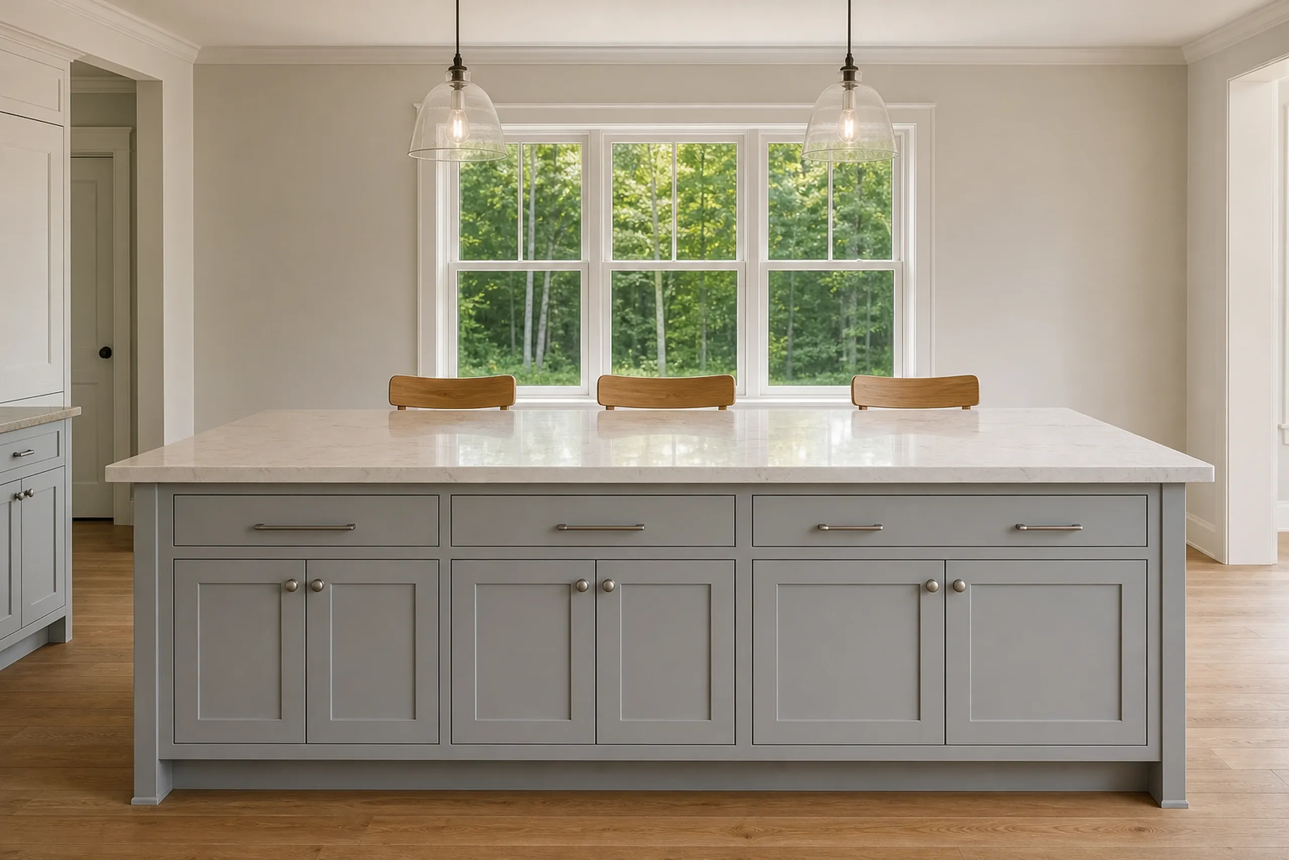 General contractor in Hollis: A gray kitchen island with a stone top, drawers and cabinet doors, two glass pendant lights and a three-part window onto green woods
