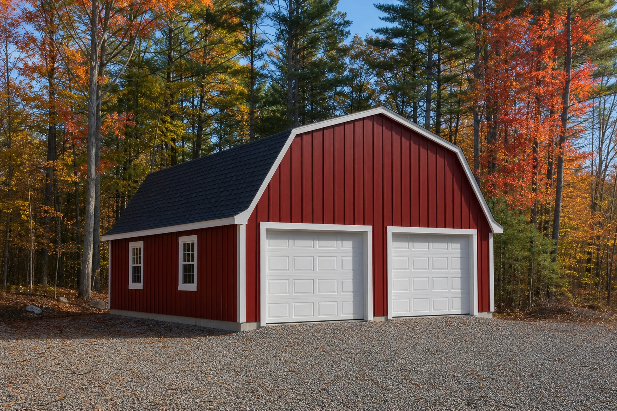 General contractor in North Yarmouth: A red barn-style two-car garage with a gambrel roof, white doors and trim and a gravel apron, in front of woods in bright autumn color