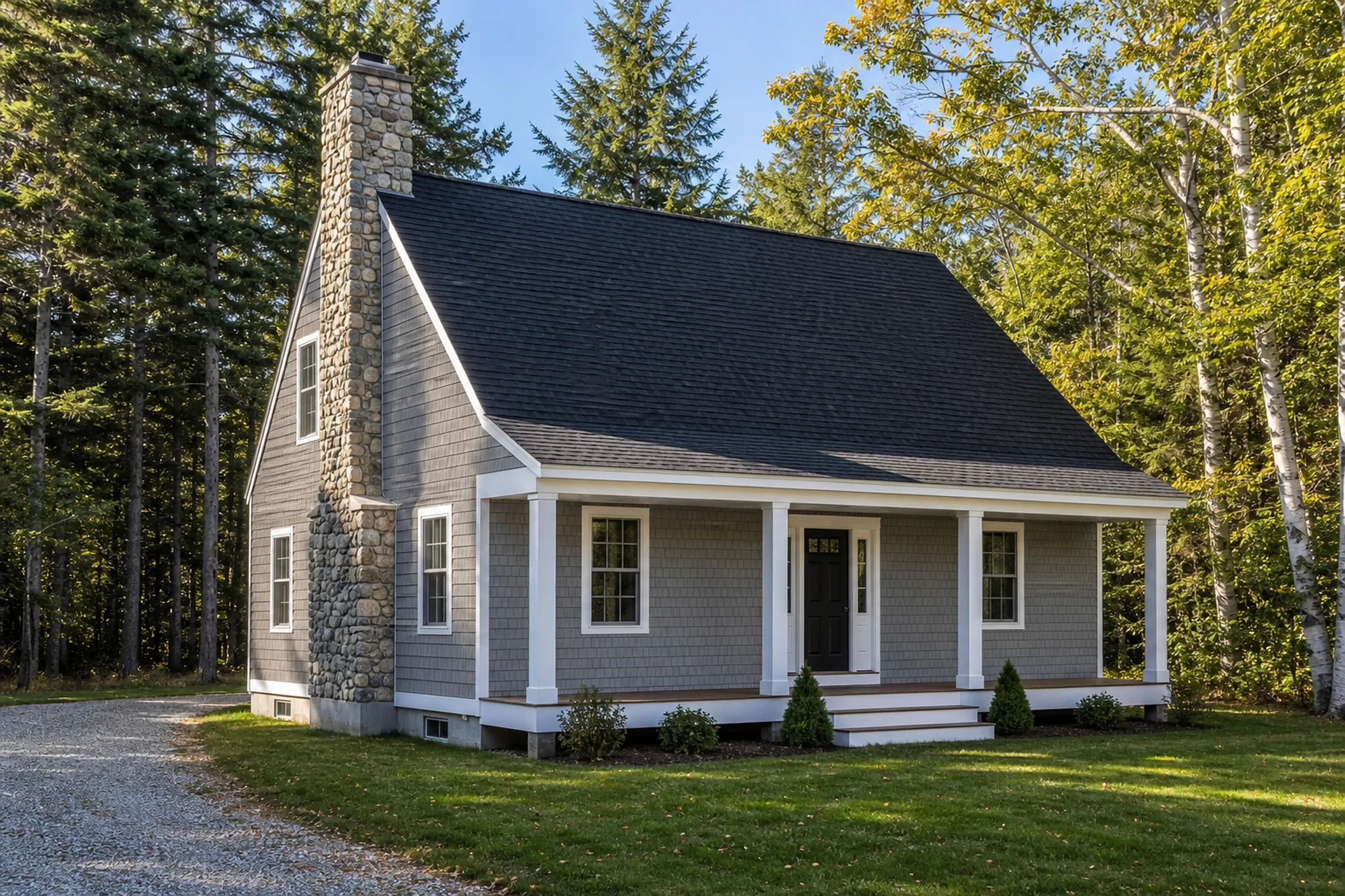 General contractor in North Yarmouth: A gray shingle house with a covered front porch, a tall fieldstone chimney and a dark roof by a gravel drive, with pines and birches