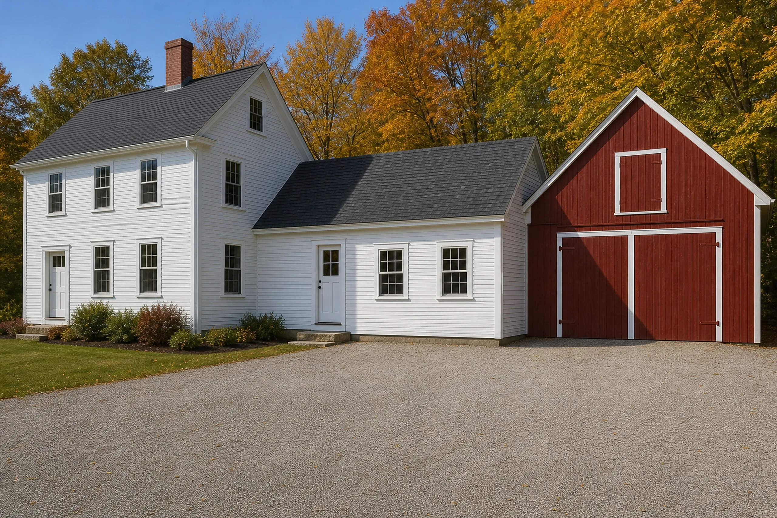 General contractor in North Yarmouth: white farmhouse joined by a white clapboard ell to a red barn with big double doors, a gravel dooryard and autumn trees behind