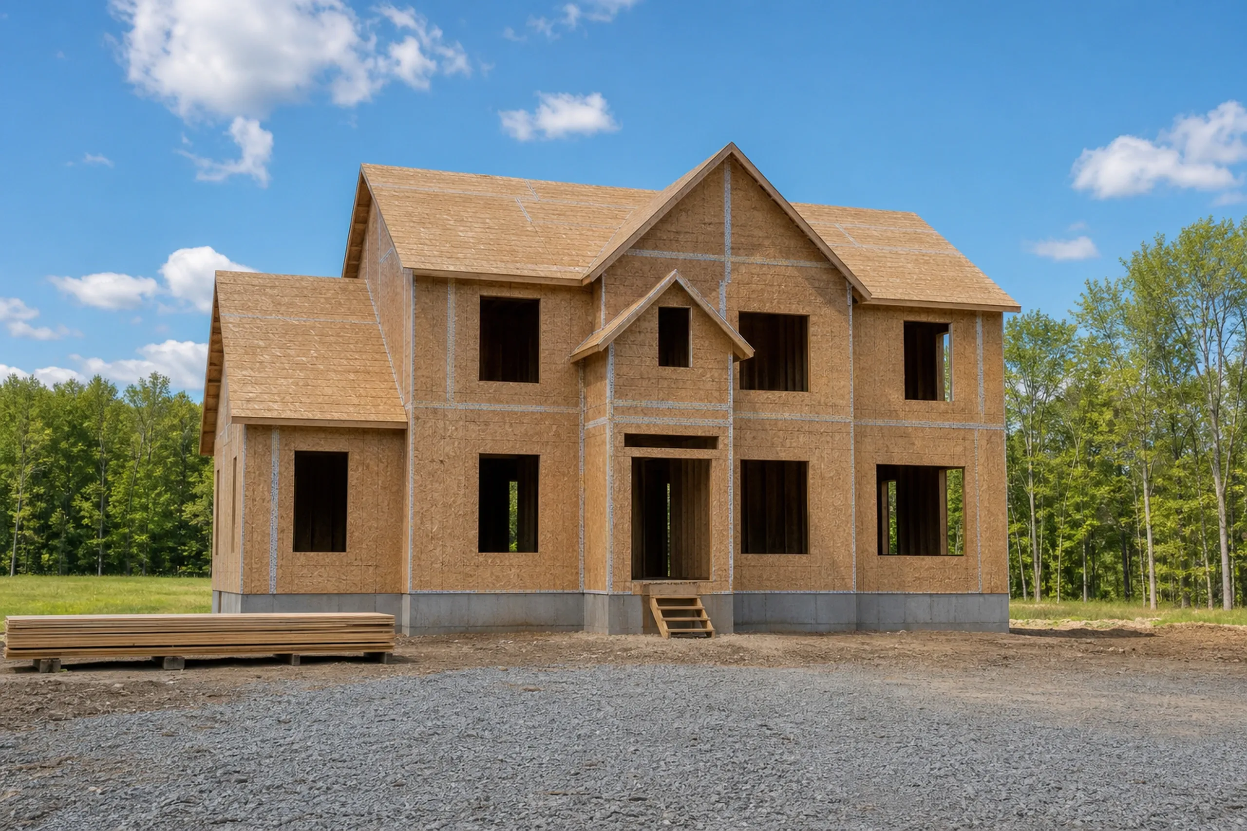 General contractor in North Yarmouth: A sheathed two-story house frame under a blue sky, with a gabled roof, open window holes, a wooden entry stair and lumber on a gravel pad