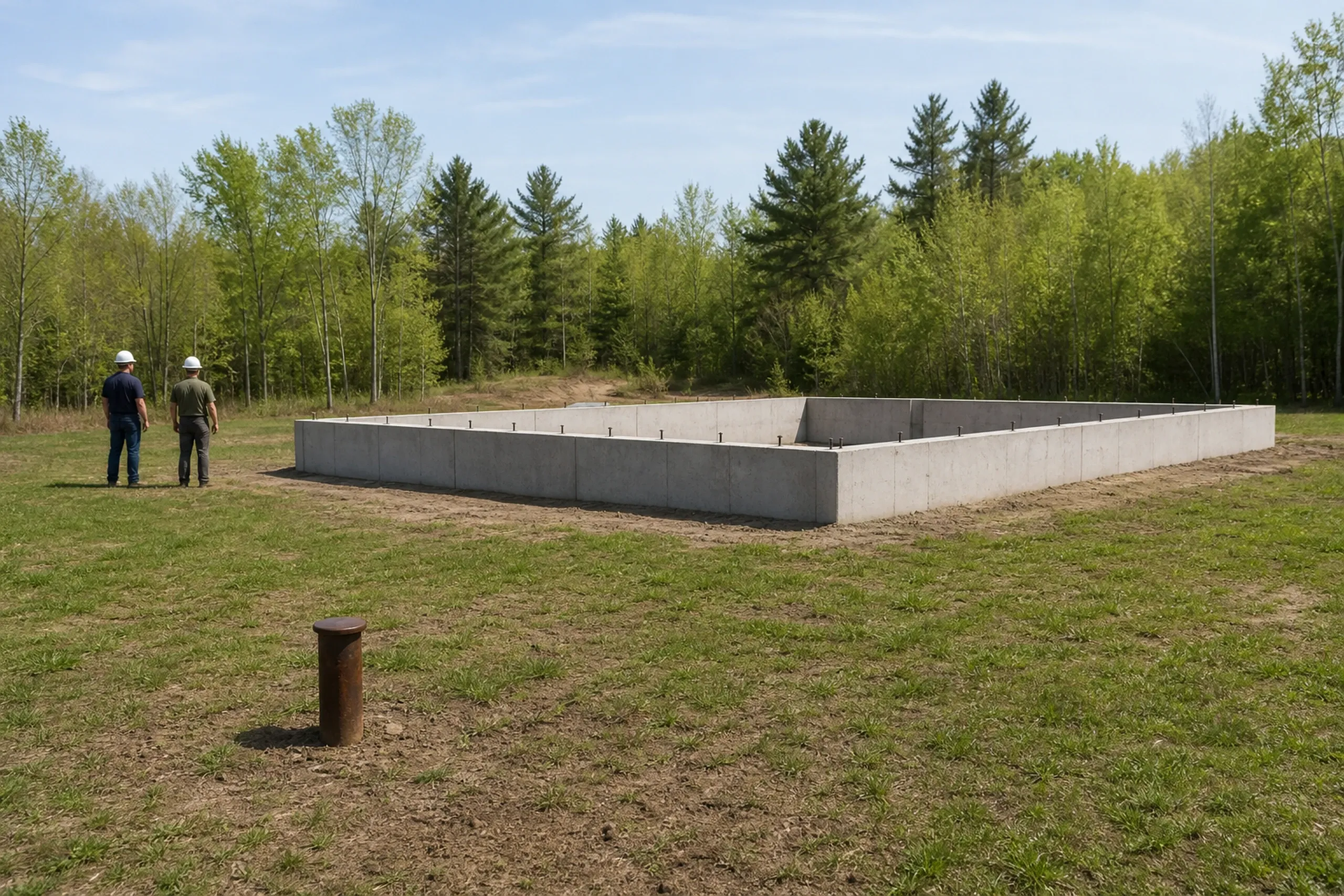 General contractor in North Yarmouth: two men in white hard hats seen from behind near a long concrete foundation in a grassy clearing, with a rusted pipe stub in front