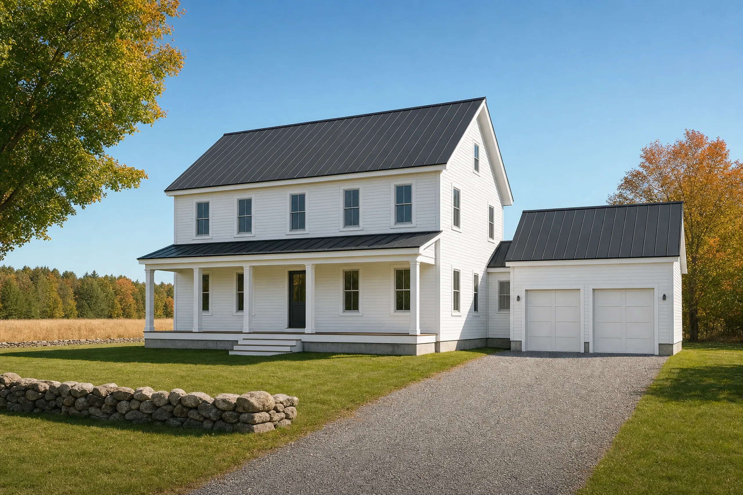 General contractor in North Yarmouth, ME: new white farmhouse with a dark metal roof, a full front porch and an attached two-bay garage, a gravel drive and stone wall