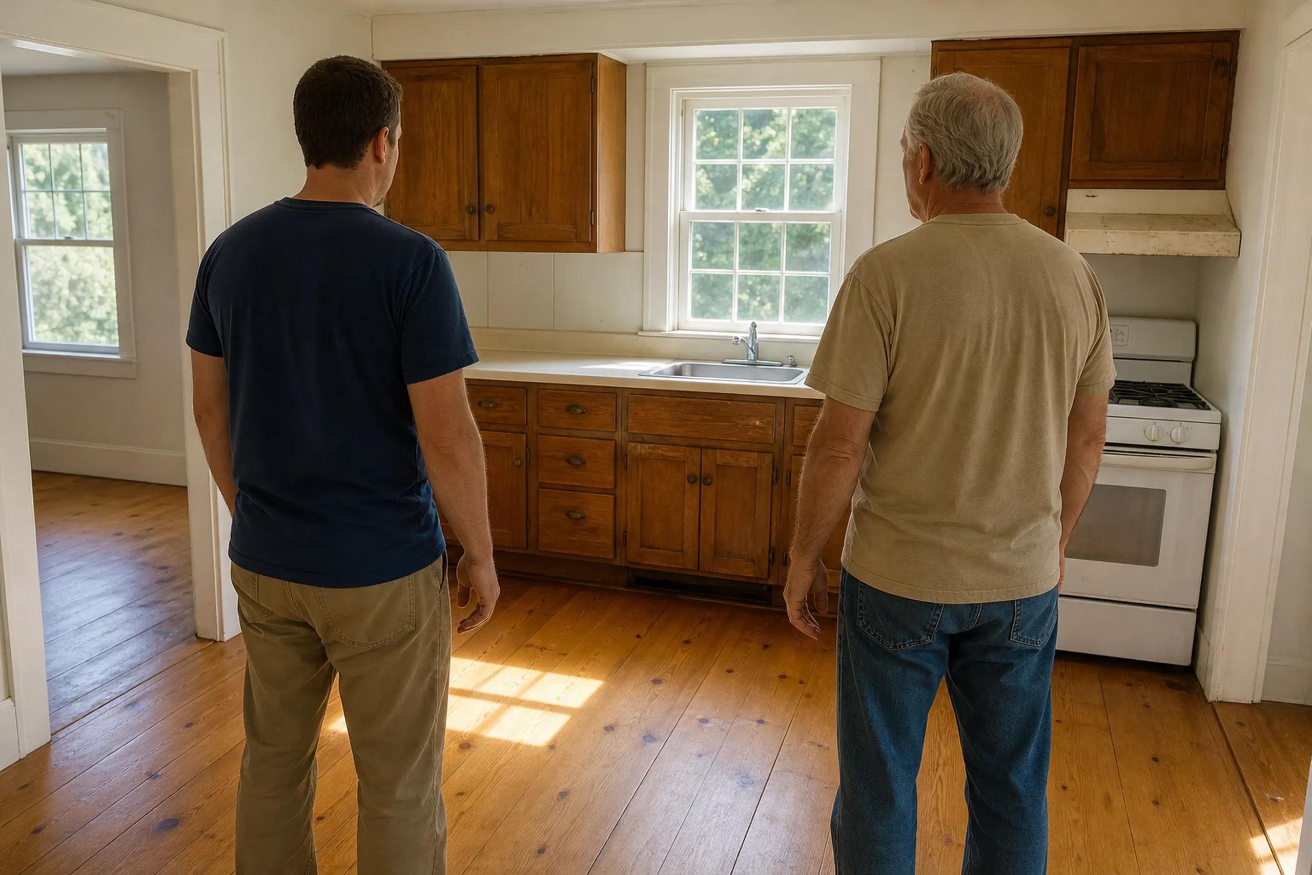 General contractor in North Yarmouth first visit: two men seen from behind in an empty older kitchen with worn wood cabinets, a white gas stove and sunlit pine floorboards