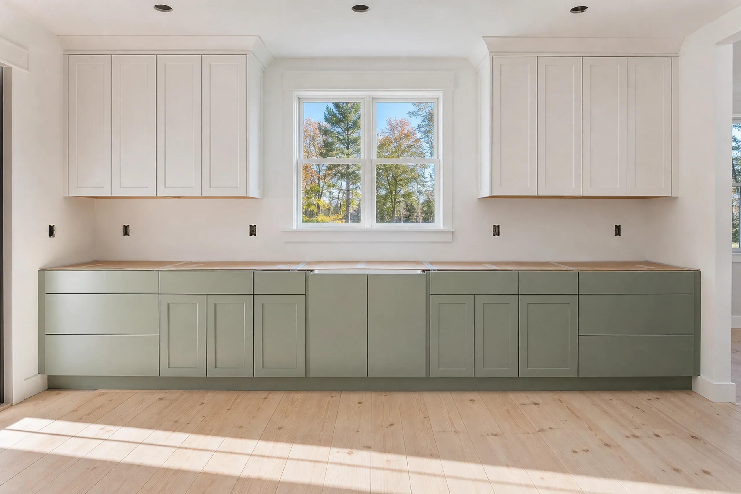 General contractor in North Yarmouth in progress: sage green base cabinets with bare plywood tops and white upper cabinets around a window onto trees, on a pale pine floor