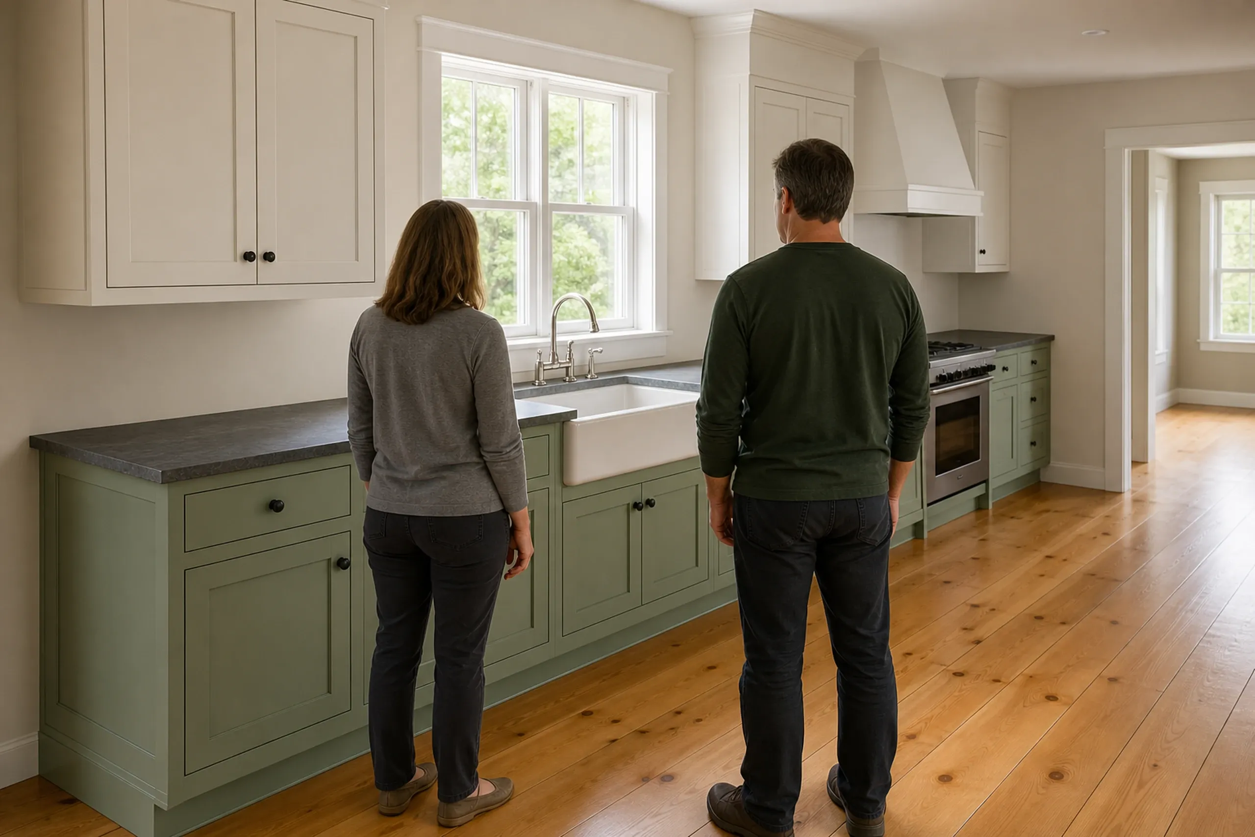General contractor in North Yarmouth: A woman and a man seen from behind in a finished kitchen with green cabinets, a farmhouse sink, a dark counter and a pine floor