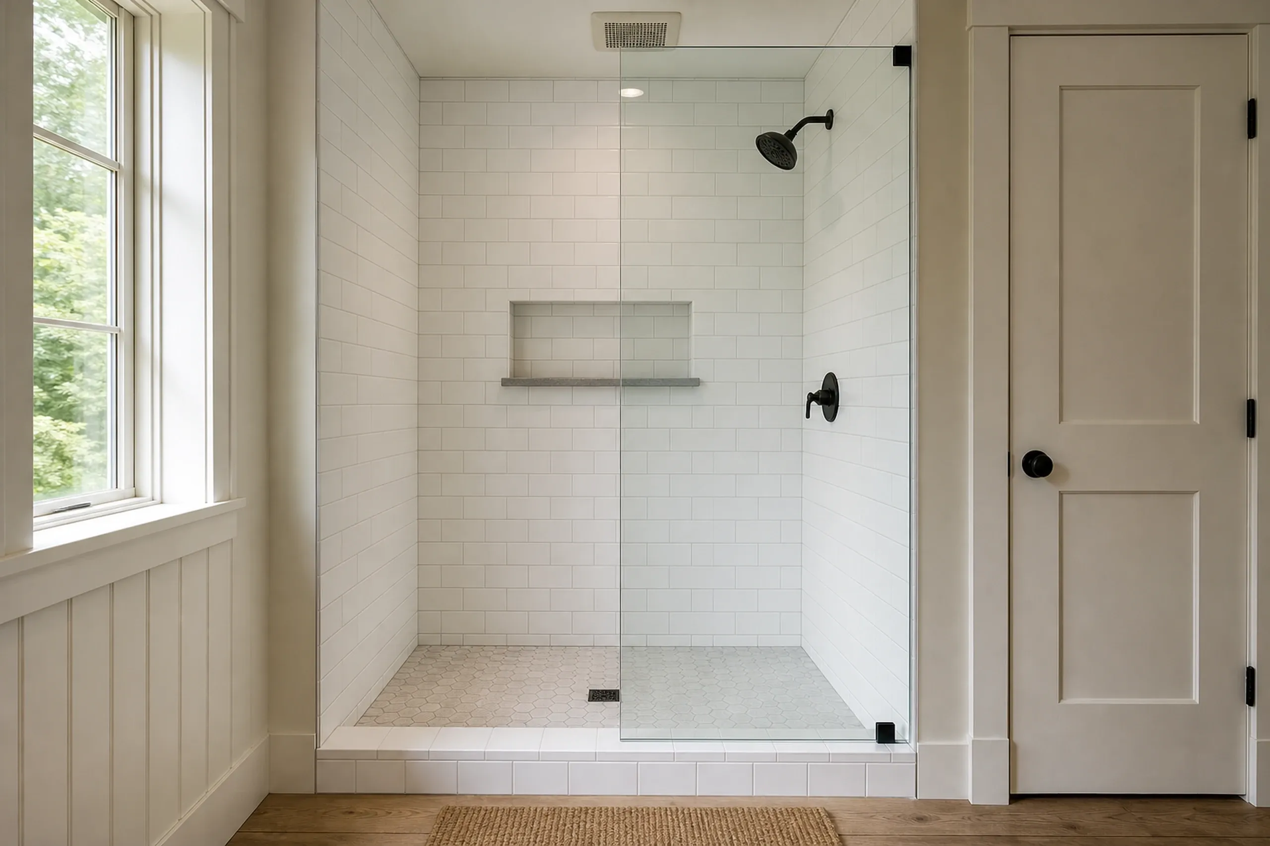 General contractor in North Yarmouth: walk-in shower with white subway tile, a glass panel, a built-in shelf niche and black fixtures, beside a window and a white paneled door