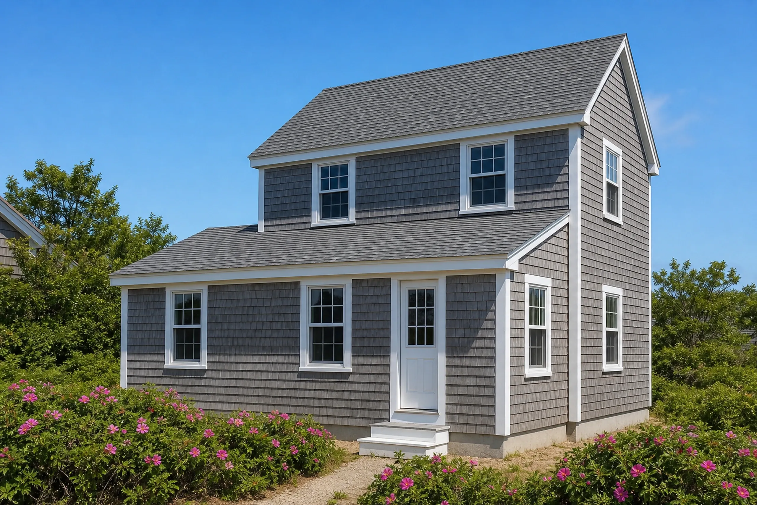 General contractor in Old Orchard Beach: gray shingled two-story cottage with white trim, a small front stoop and pink flowering shrubs in front, under a clear blue sky