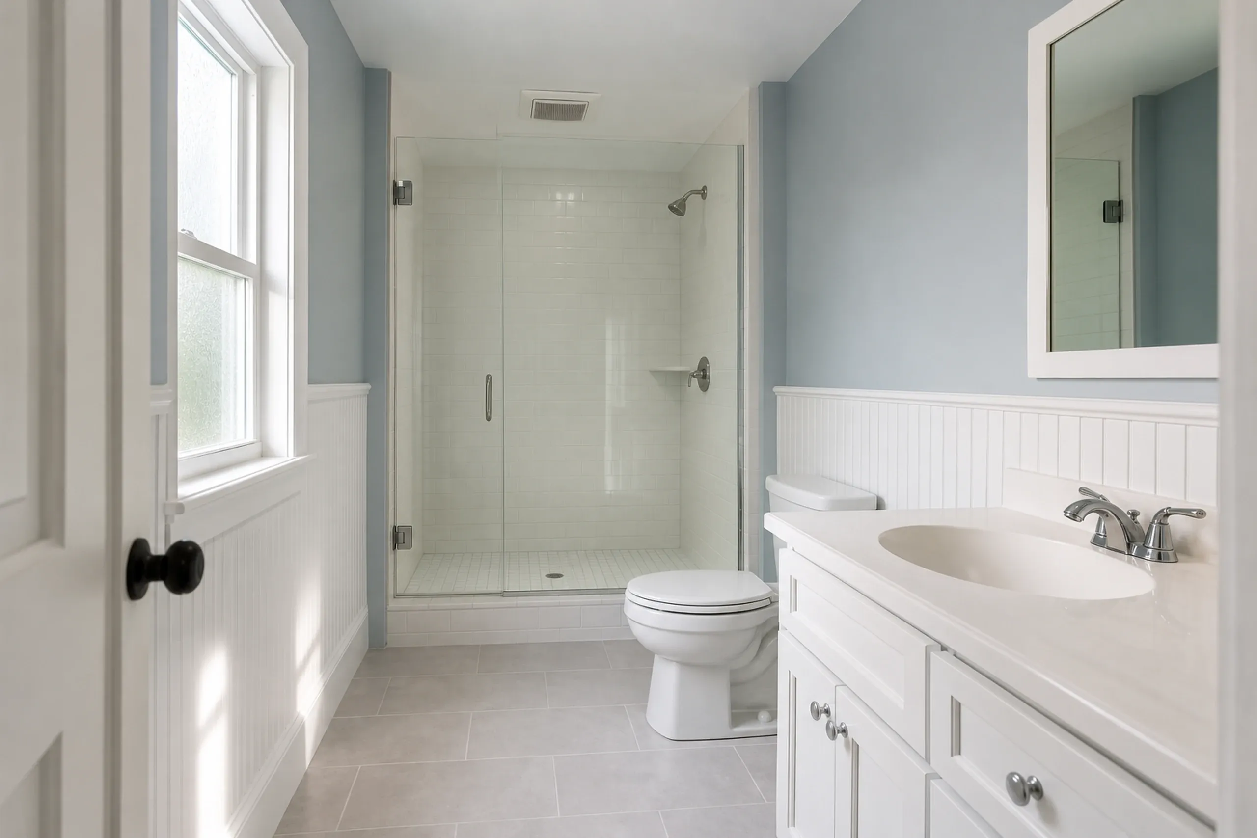 General contractor in Old Orchard Beach: bathroom with a glass-door tile shower, a white vanity with an inset sink, a toilet, beadboard wainscot and pale blue walls