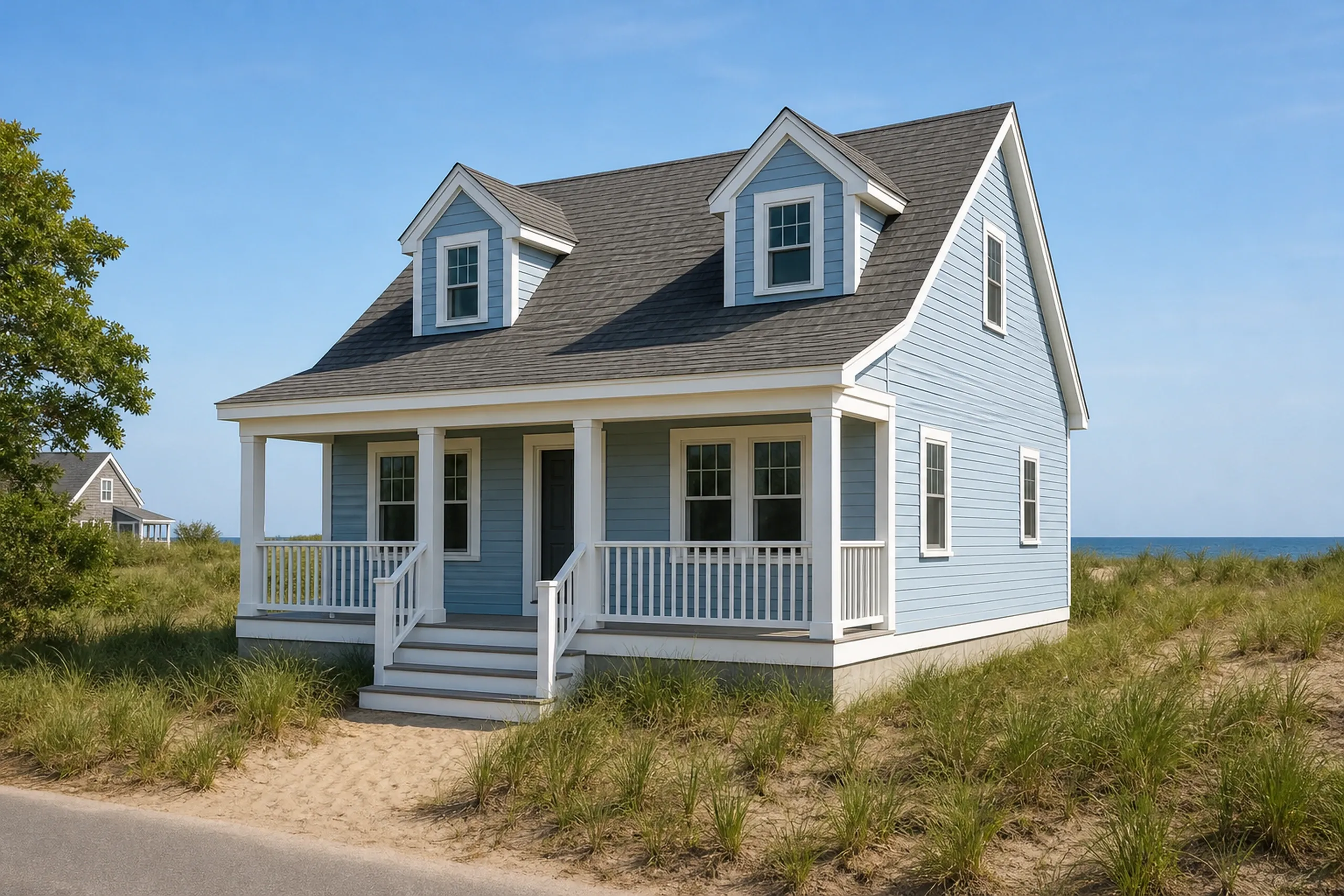 General contractor in Old Orchard Beach: light blue clapboard house with two dormers and a covered porch with white railings, set in beach grass with the sea on the horizon